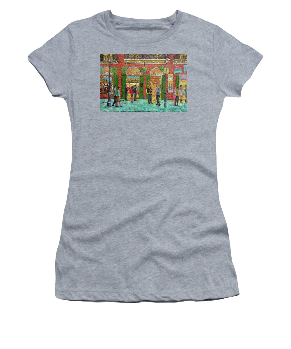 New Orleans Cityscape Scene City Painting Women's T-Shirt featuring the painting French Quarter Jazz New Orleans by Richard T Pranke