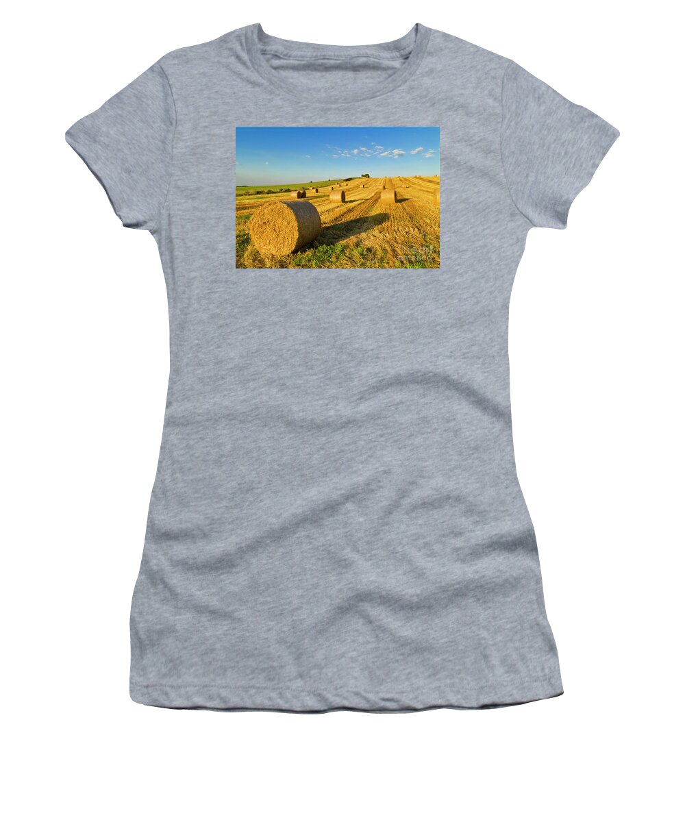 Field Women's T-Shirt featuring the photograph Freshly harvested straw bales  by Neale And Judith Clark