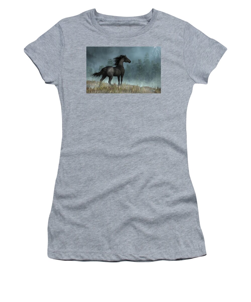 Friesian Horse And Approaching Storm Women's T-Shirt featuring the digital art Friesian Horse and Approaching Storm by Daniel Eskridge