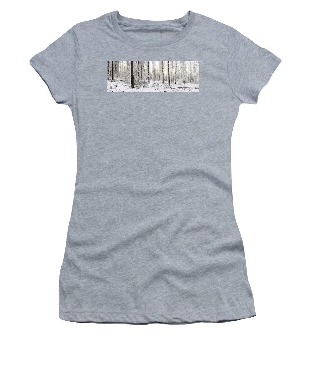 Panorama Women's T-Shirt featuring the photograph Frozen English Woodland covered in Snow by Sonny Ryse
