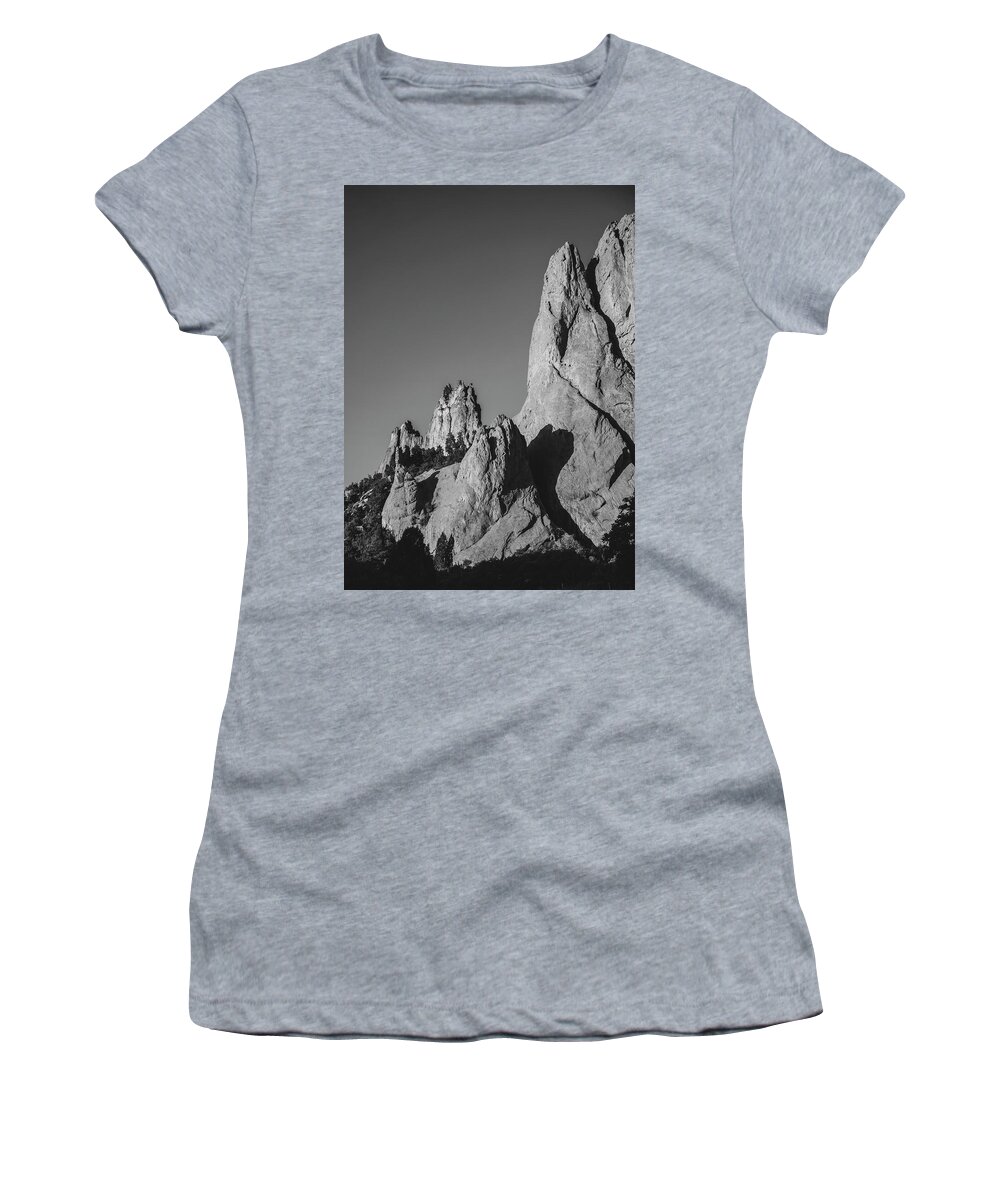 Garden Of The Gods Rock Pinnacles Women's T-Shirt featuring the photograph Garden Of Gods Black And White by Dan Sproul