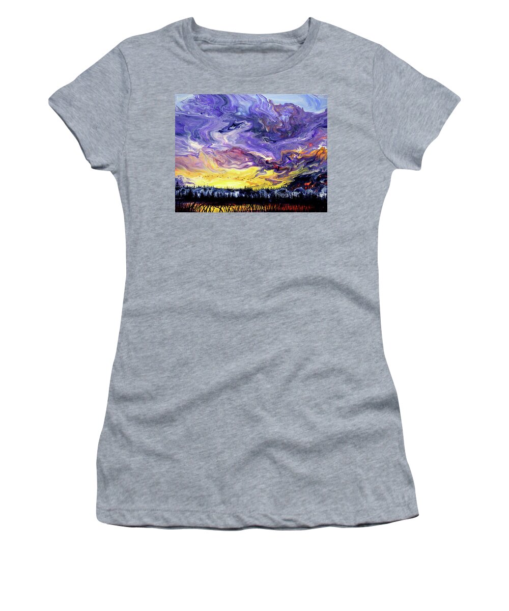 Geese Women's T-Shirt featuring the painting Geese Over a Wetlands Pond at Sunset by Laura Iverson