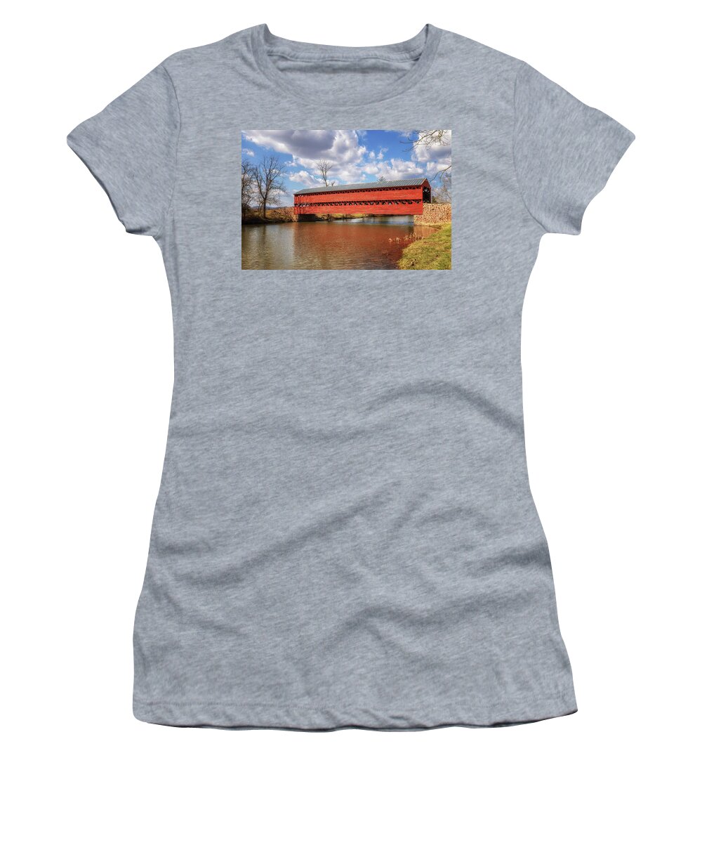 Sachs Covered Bridge Women's T-Shirt featuring the photograph Gettysburg - Sachs Covered Bridge by Susan Rissi Tregoning
