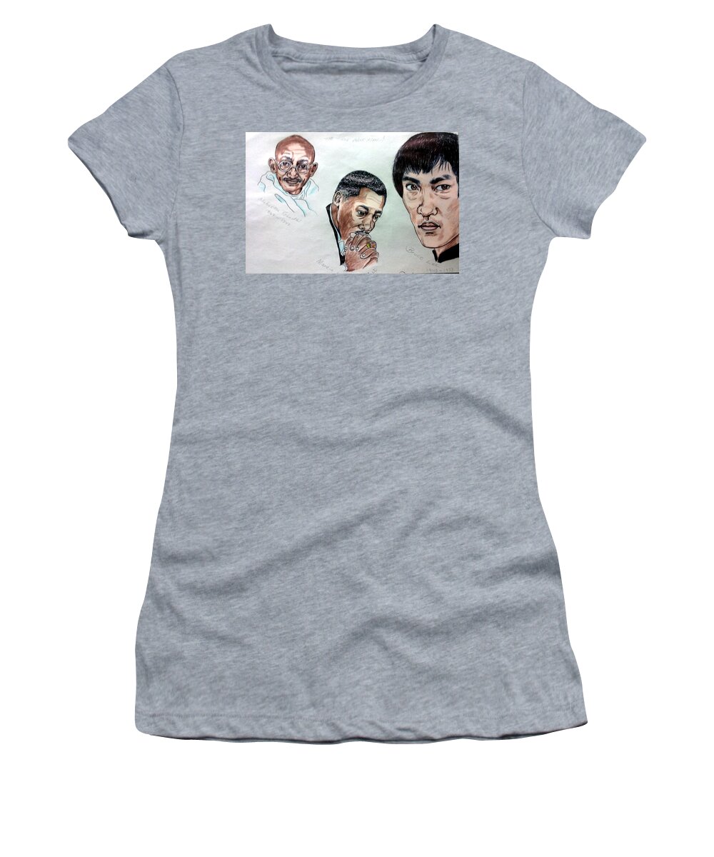 Black Art Women's T-Shirt featuring the drawing Ghandi, King, and Lee by Joedee