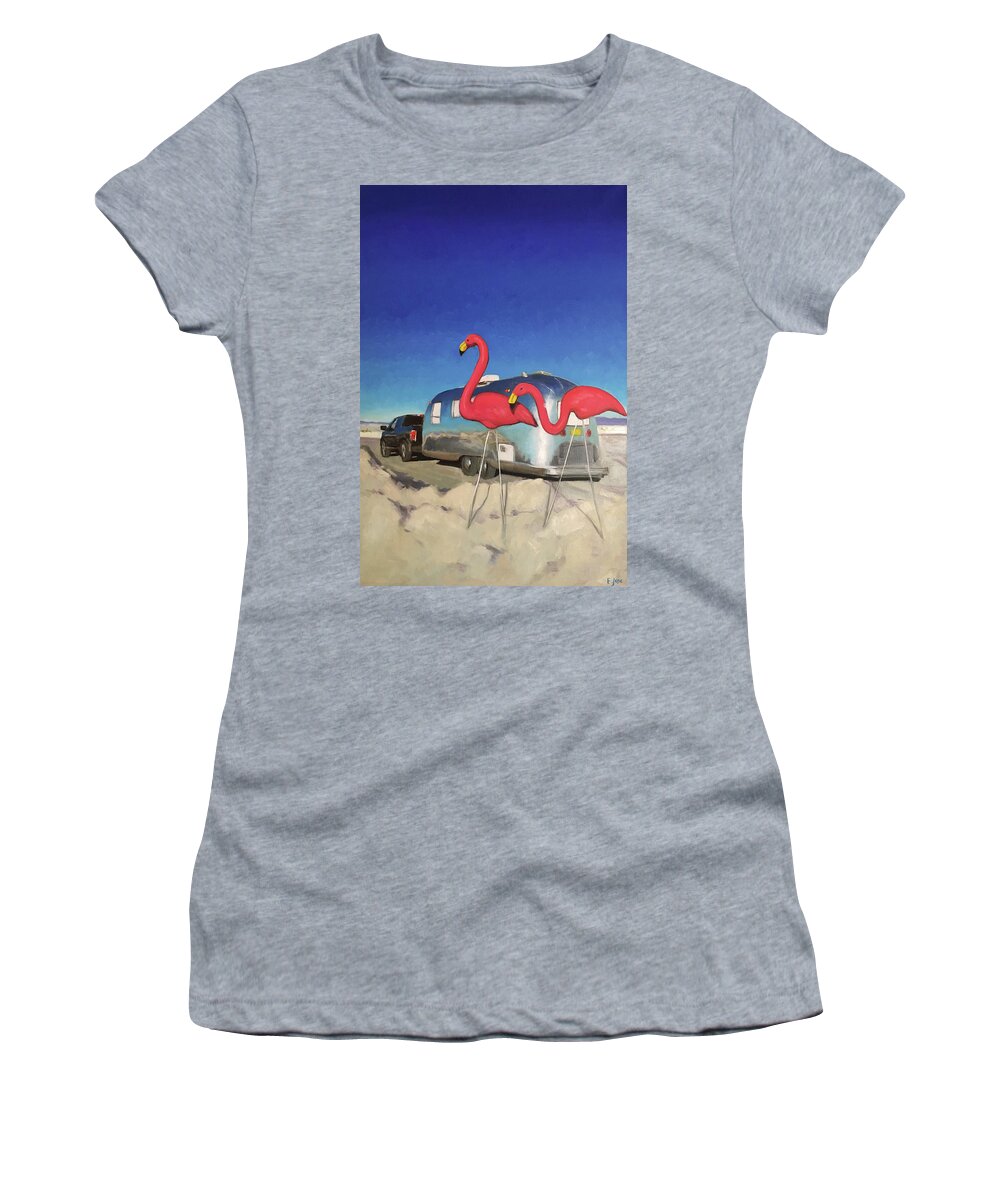 Airstream Women's T-Shirt featuring the painting Giant Flamingos at White Sands by Elizabeth Jose