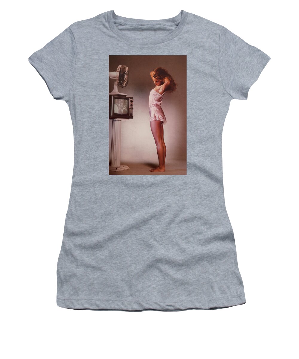 Girl Women's T-Shirt featuring the photograph Girl and a TV 1980 by Steve Ladner