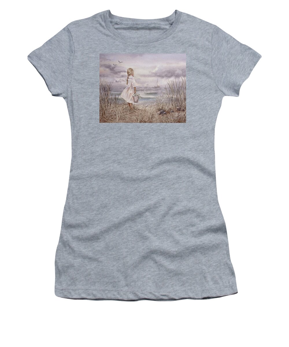 Ocean Girl Women's T-Shirt featuring the painting Girl And The Ocean Vintage Monochrome by Irina Sztukowski