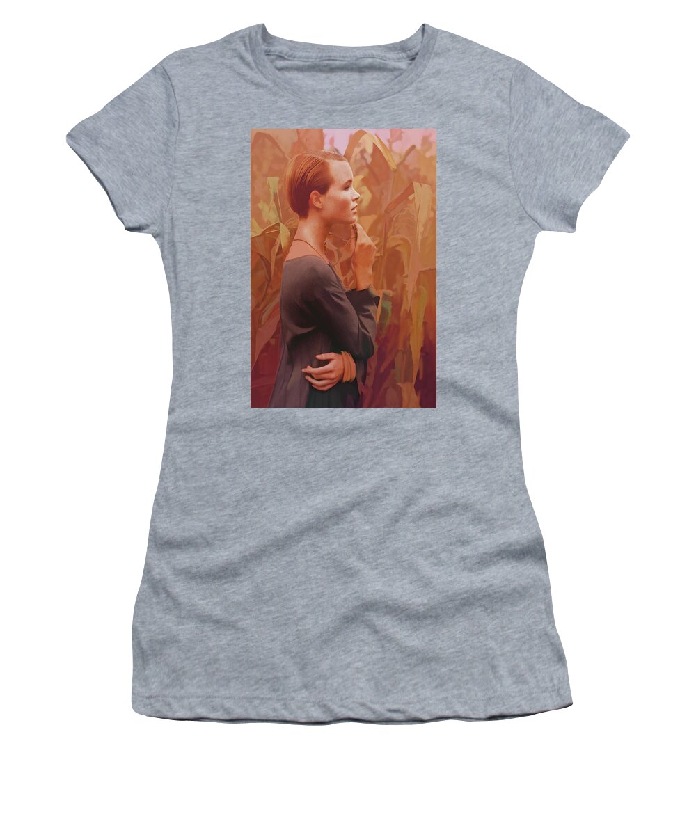 Woman Women's T-Shirt featuring the photograph Girl in Corn Field 1988 by Steve Ladner