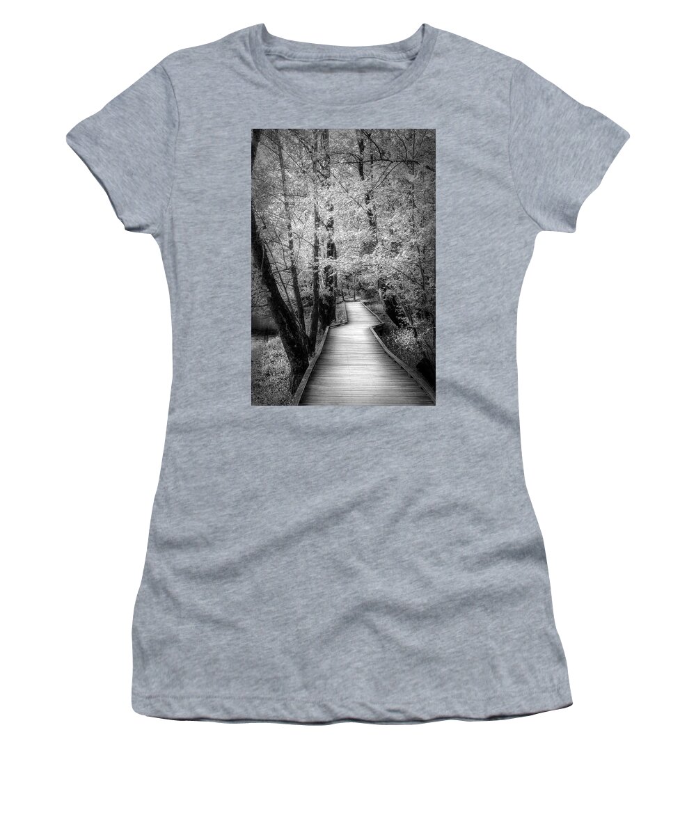 Black Women's T-Shirt featuring the photograph Glowing Spring Walk Black and White by Debra and Dave Vanderlaan