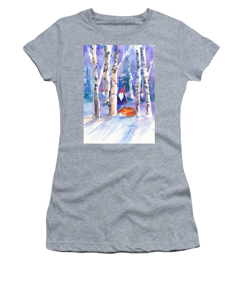 Gnomes Women's T-Shirt featuring the painting Gnomes and Fox by Christy Lemp