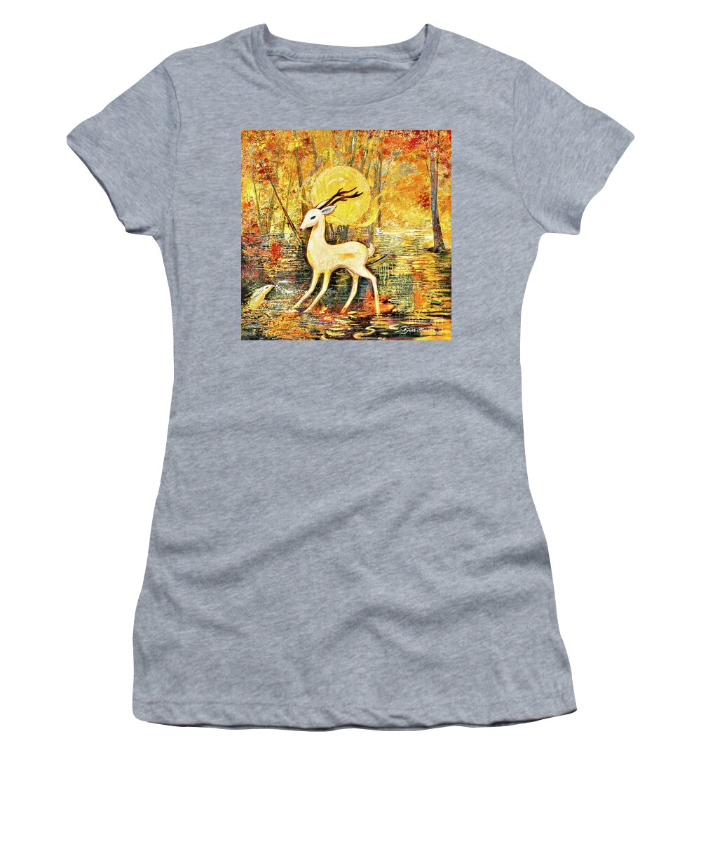 Deer Women's T-Shirt featuring the painting Golden Autumn by Shijun Munns