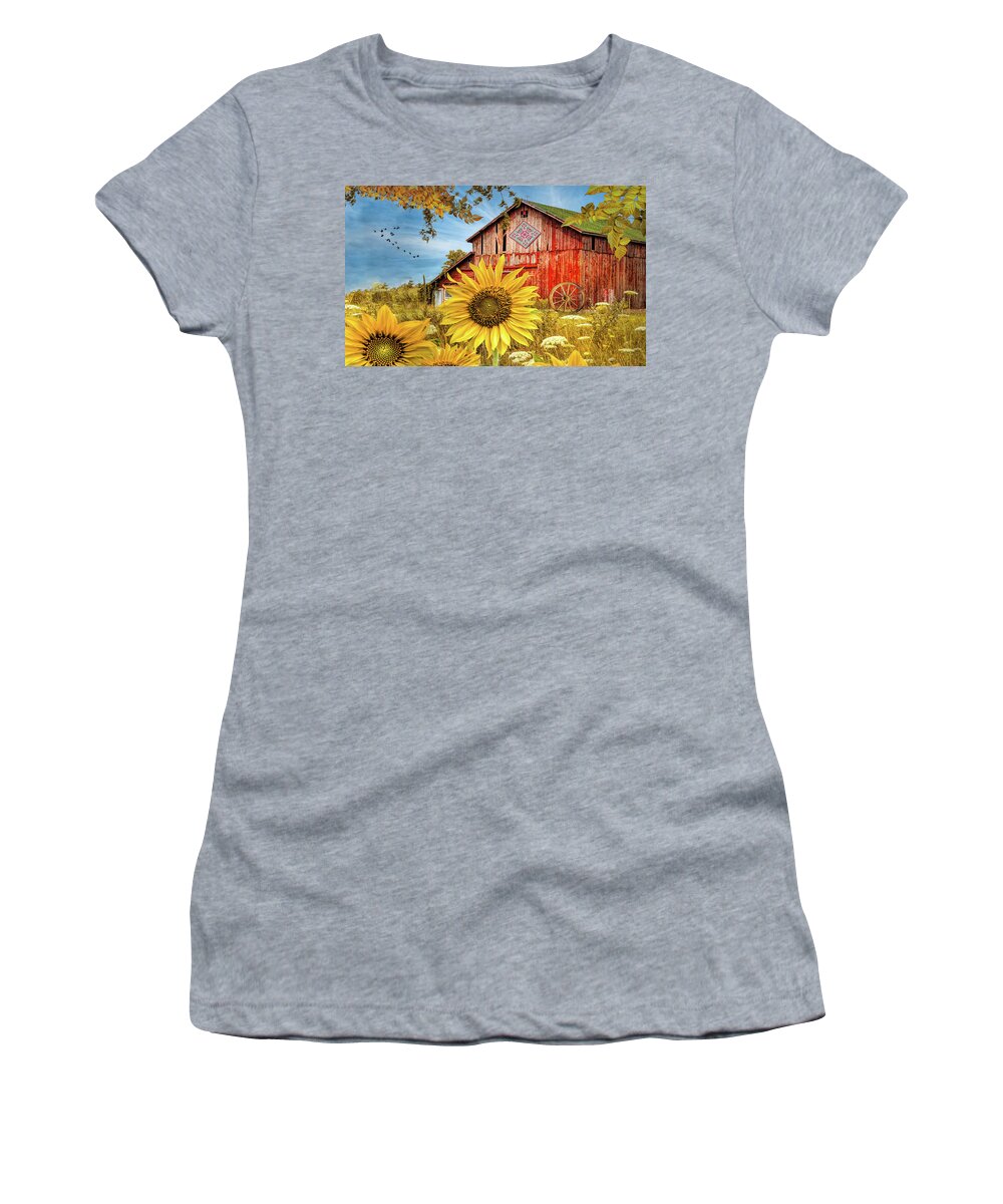 Barns Women's T-Shirt featuring the photograph Golden Sunflowers Red Barn II by Debra and Dave Vanderlaan