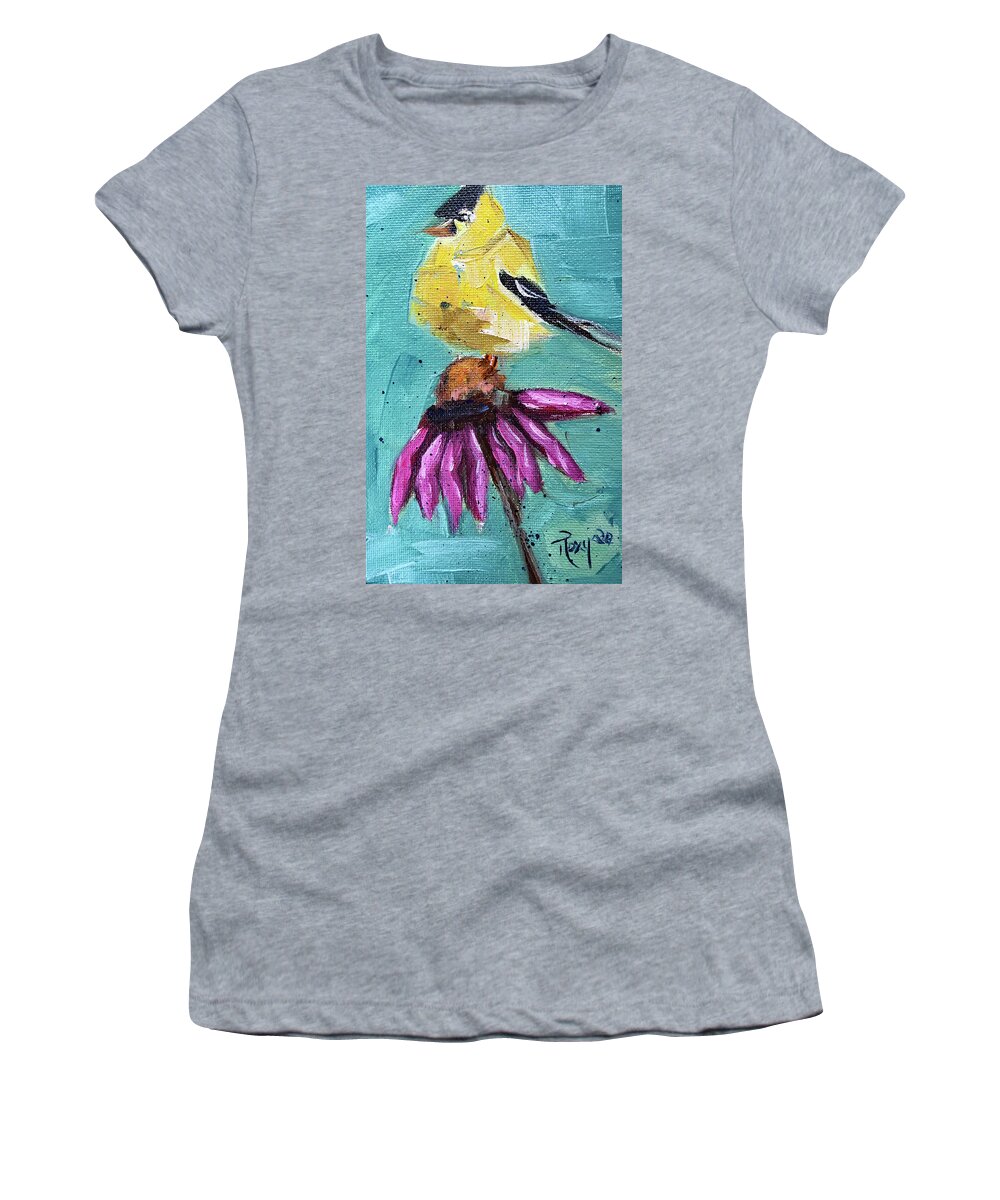 Goldfinch Women's T-Shirt featuring the painting Goldfinch on a Coneflower by Roxy Rich