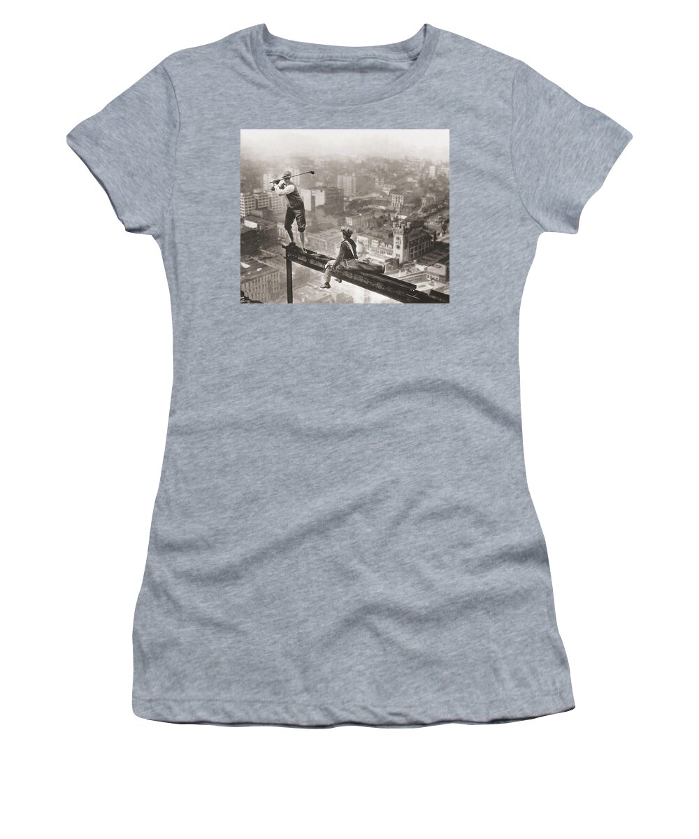 Golf Women's T-Shirt featuring the painting Golfer On Girder Over New York Sepia by Tony Rubino
