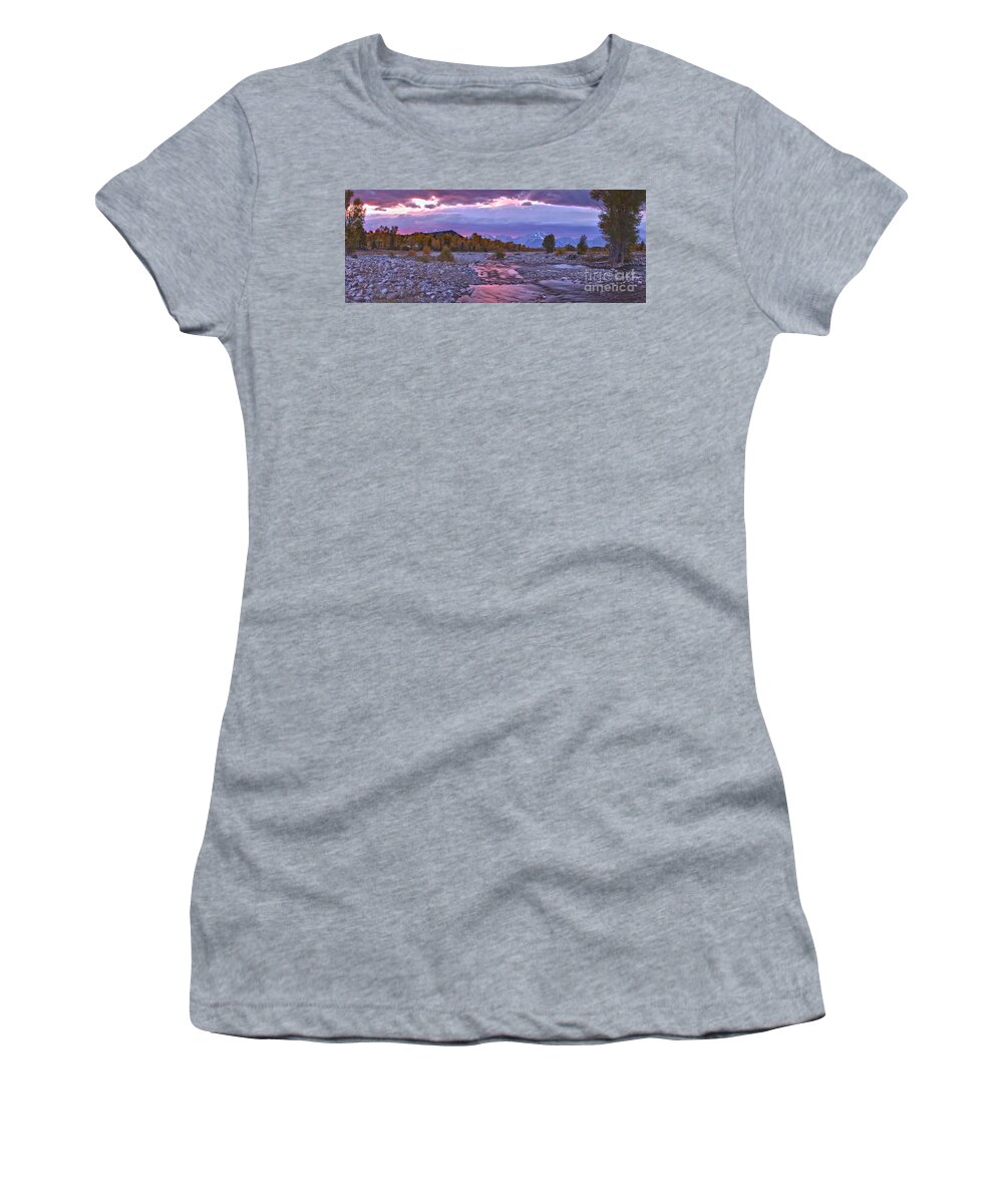  Women's T-Shirt featuring the photograph Grand Teton Spread Creek Panoramic Autumn Sunset by Adam Jewell