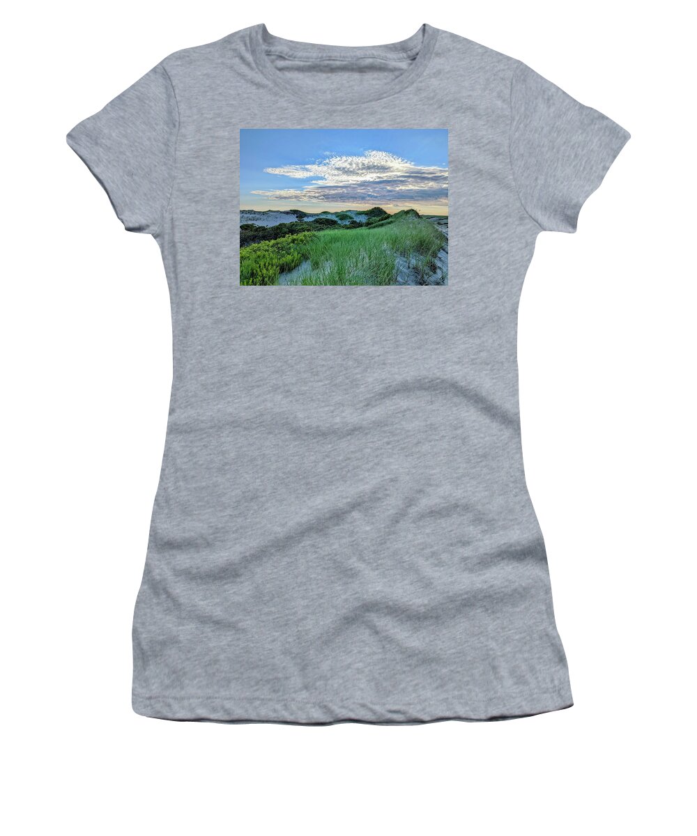 Cape Cod National Seashore Women's T-Shirt featuring the photograph Grassy Winding Dunes by Annalisa Rivera-Franz