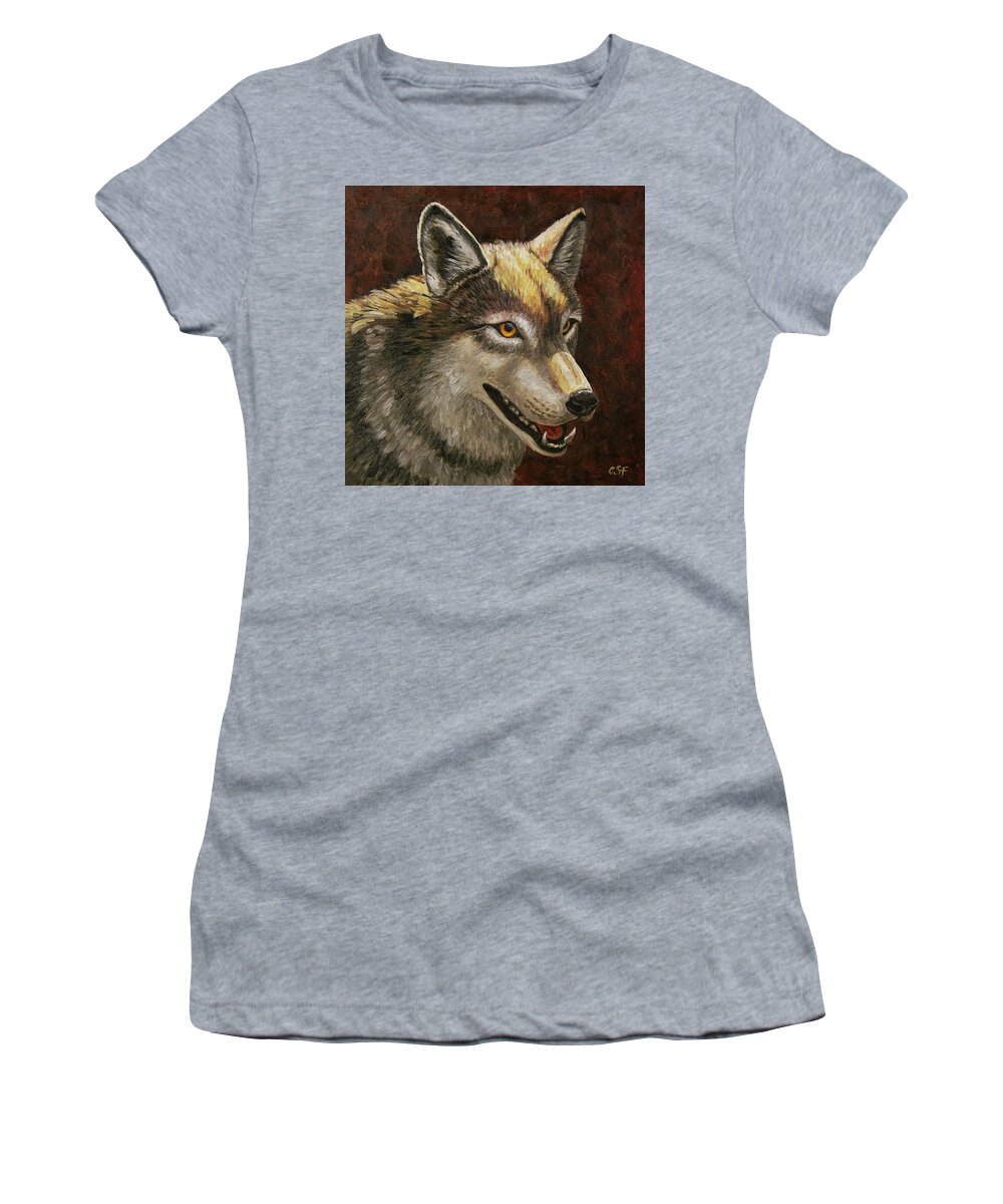 Wolves Women's T-Shirt featuring the painting Gray Wolve Face by Crista Forest