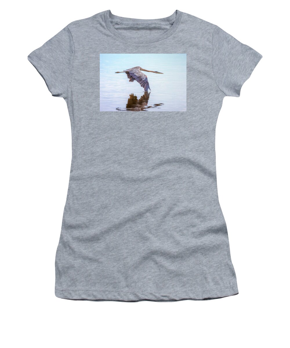 Great Blue Heron Women's T-Shirt featuring the photograph Great Blue Heron Flying by Susan Rissi Tregoning