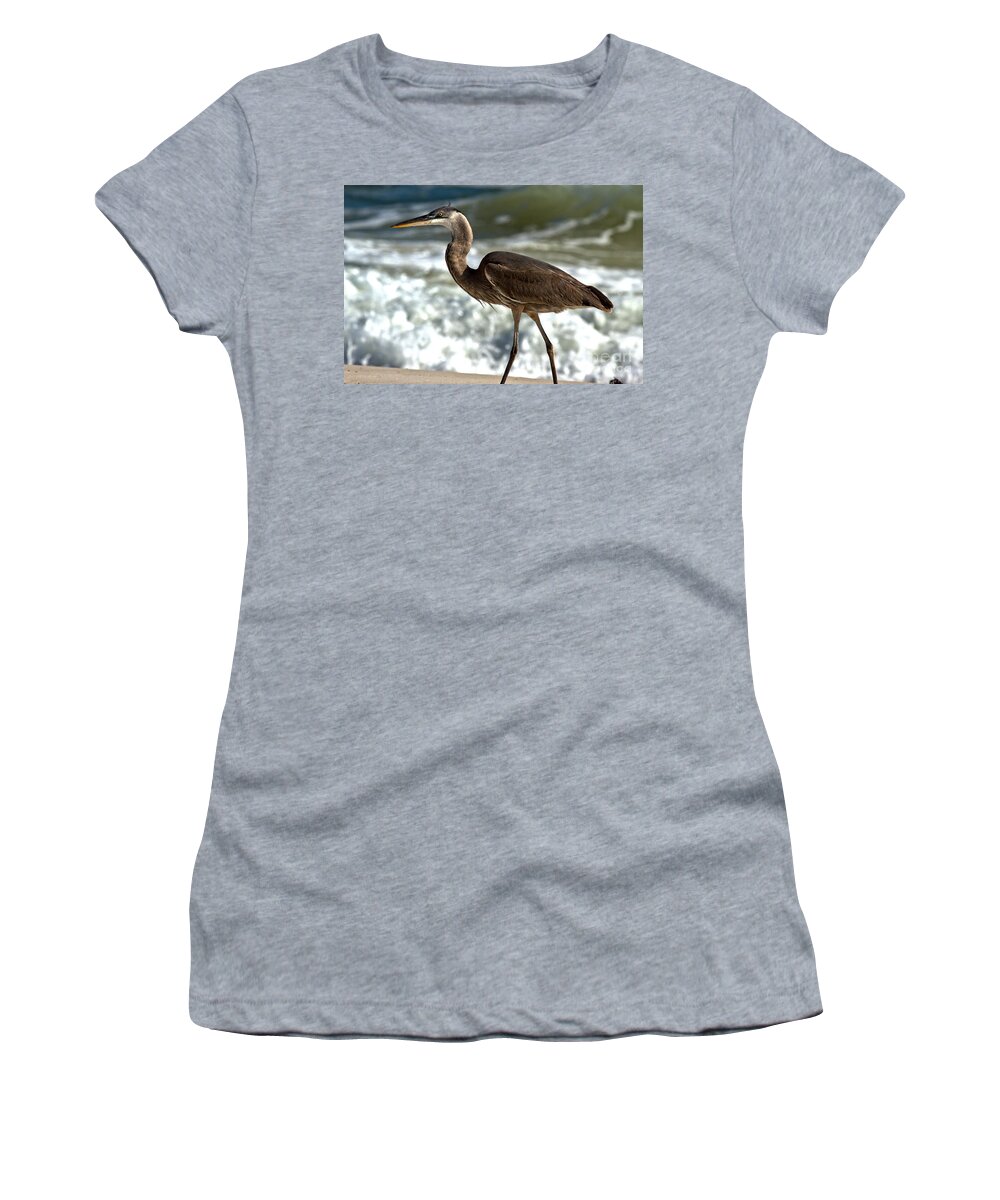 Great Women's T-Shirt featuring the photograph Great Blue Heron Walking Along The Surf by Adam Jewell