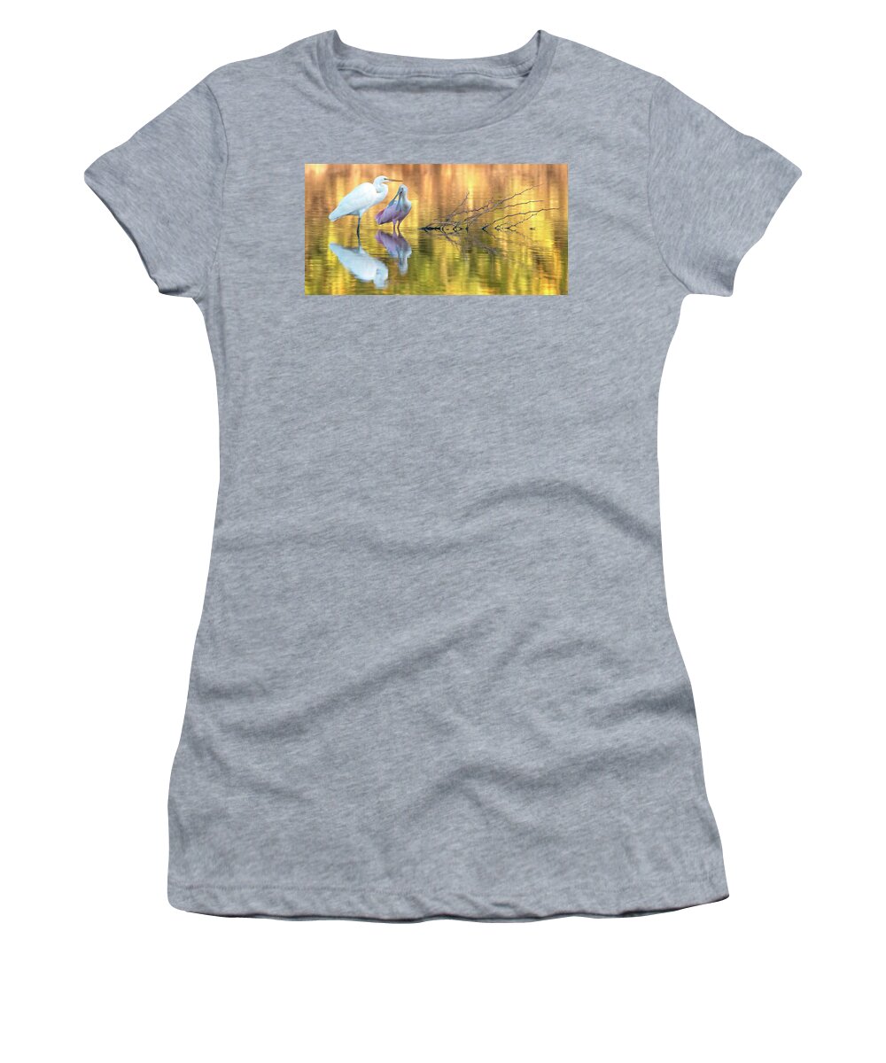 Great Egret Women's T-Shirt featuring the photograph Great Egret and Roseate Spoonbill 0912-110321-2 by Tam Ryan
