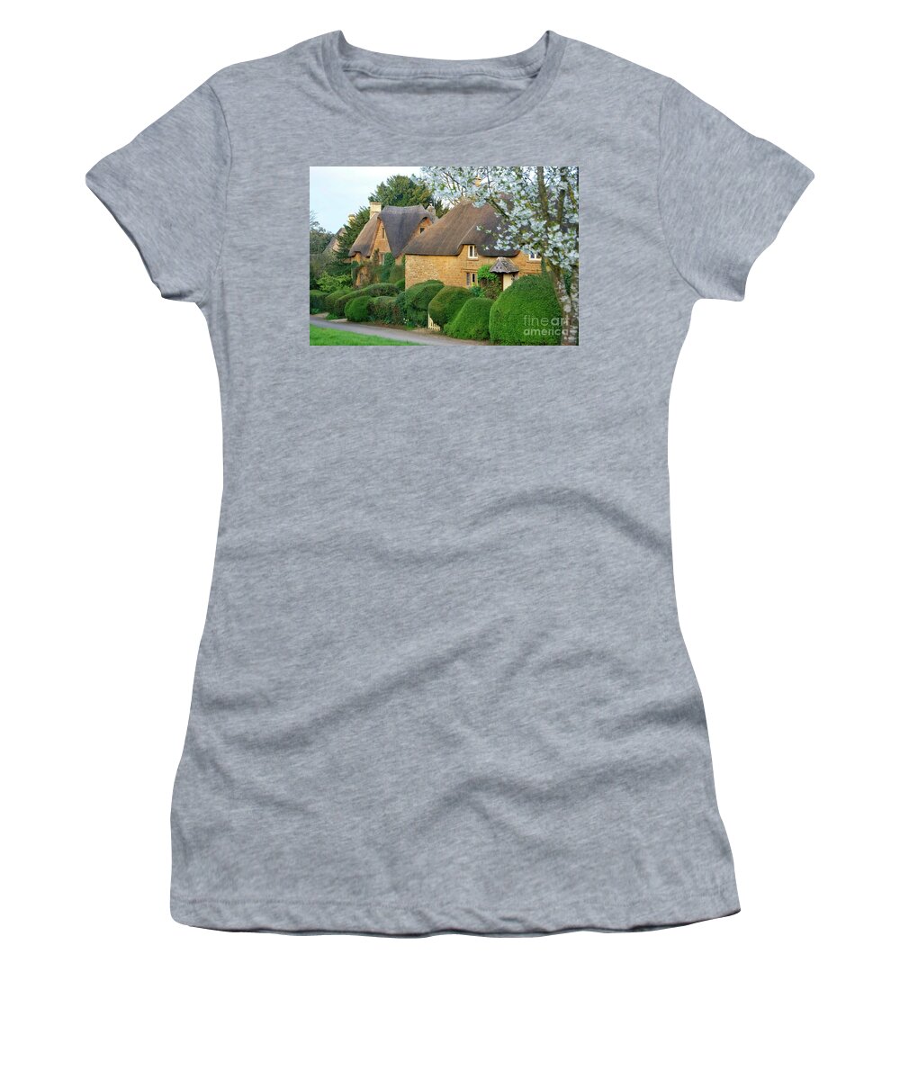 Great Tew Women's T-Shirt featuring the photograph Great Tew thatch and blossom. by David Birchall