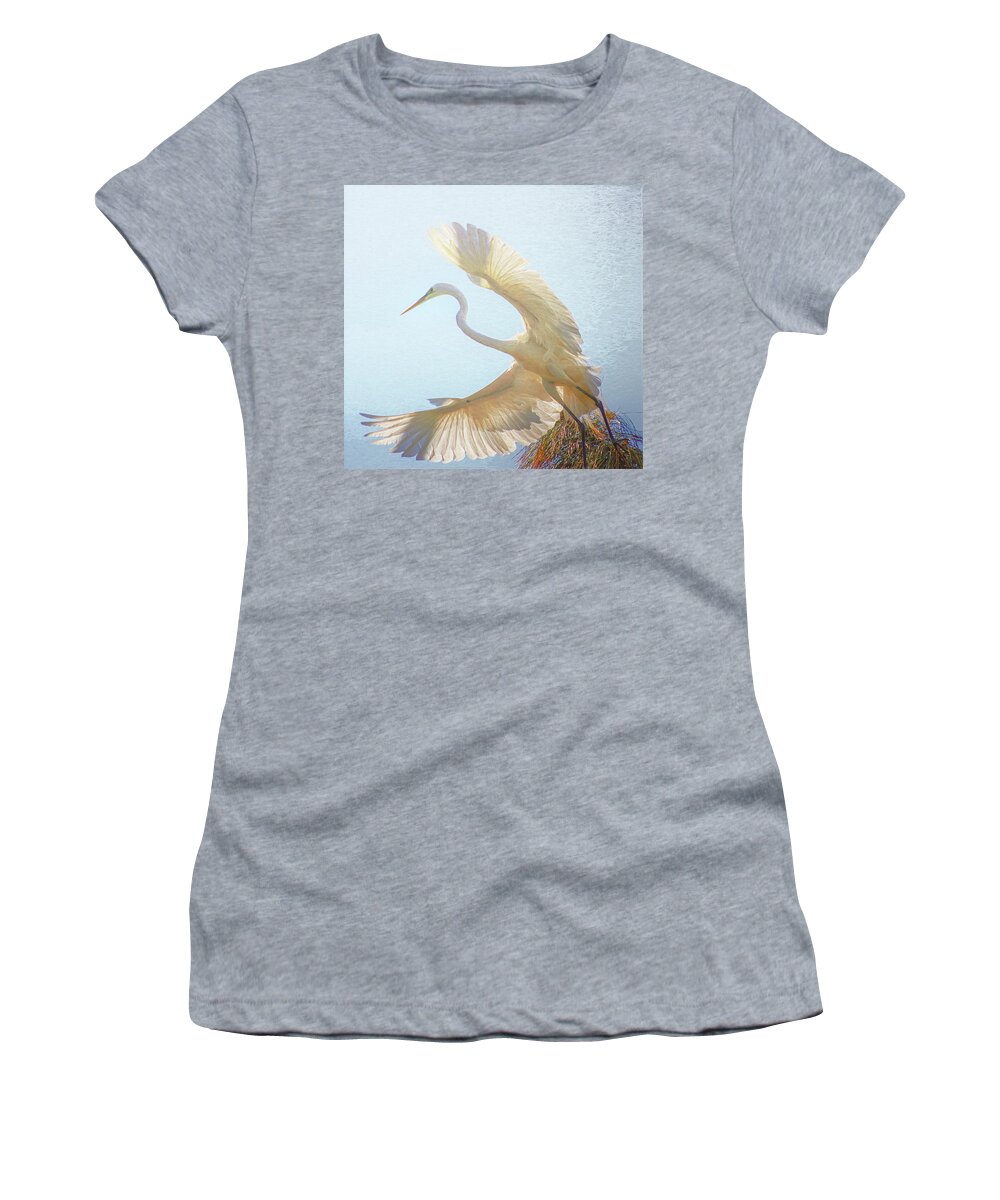 Egret Women's T-Shirt featuring the photograph Great White Egret Takes to Flight by Ola Allen