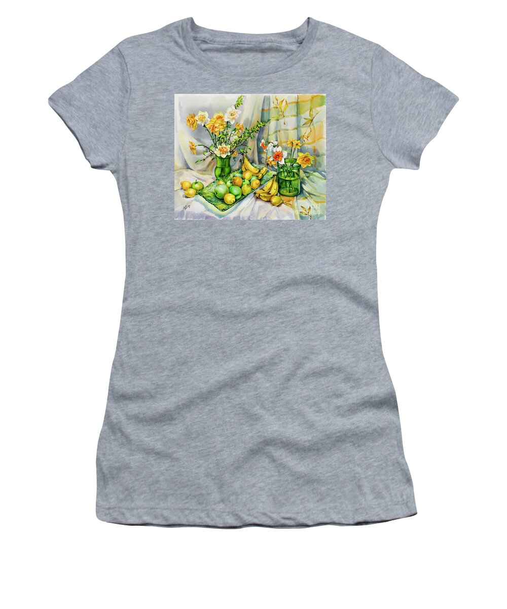 Green Women's T-Shirt featuring the painting Green Yellow Still Life with Daffodils by Maria Rabinky