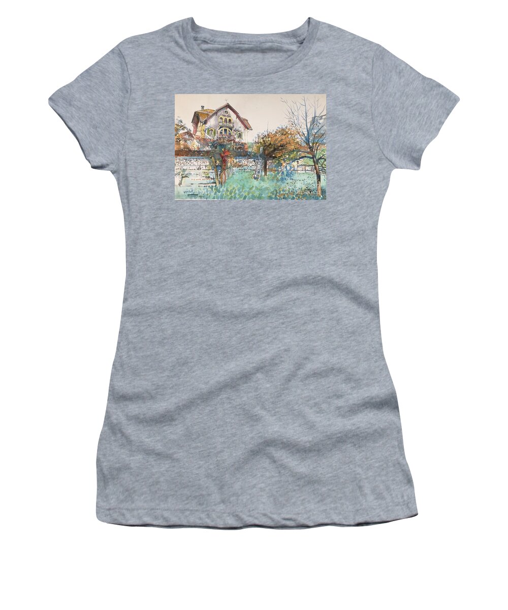 #grindelwald #switzerland #orchard #italianhouse #watercolor #watercolorpainting #glenneff #thesoundpoetsmusic #picturerockstudio #onlocationpainting #realisticwatercolor Women's T-Shirt featuring the painting Grindelwald Switzerland by Glen Neff