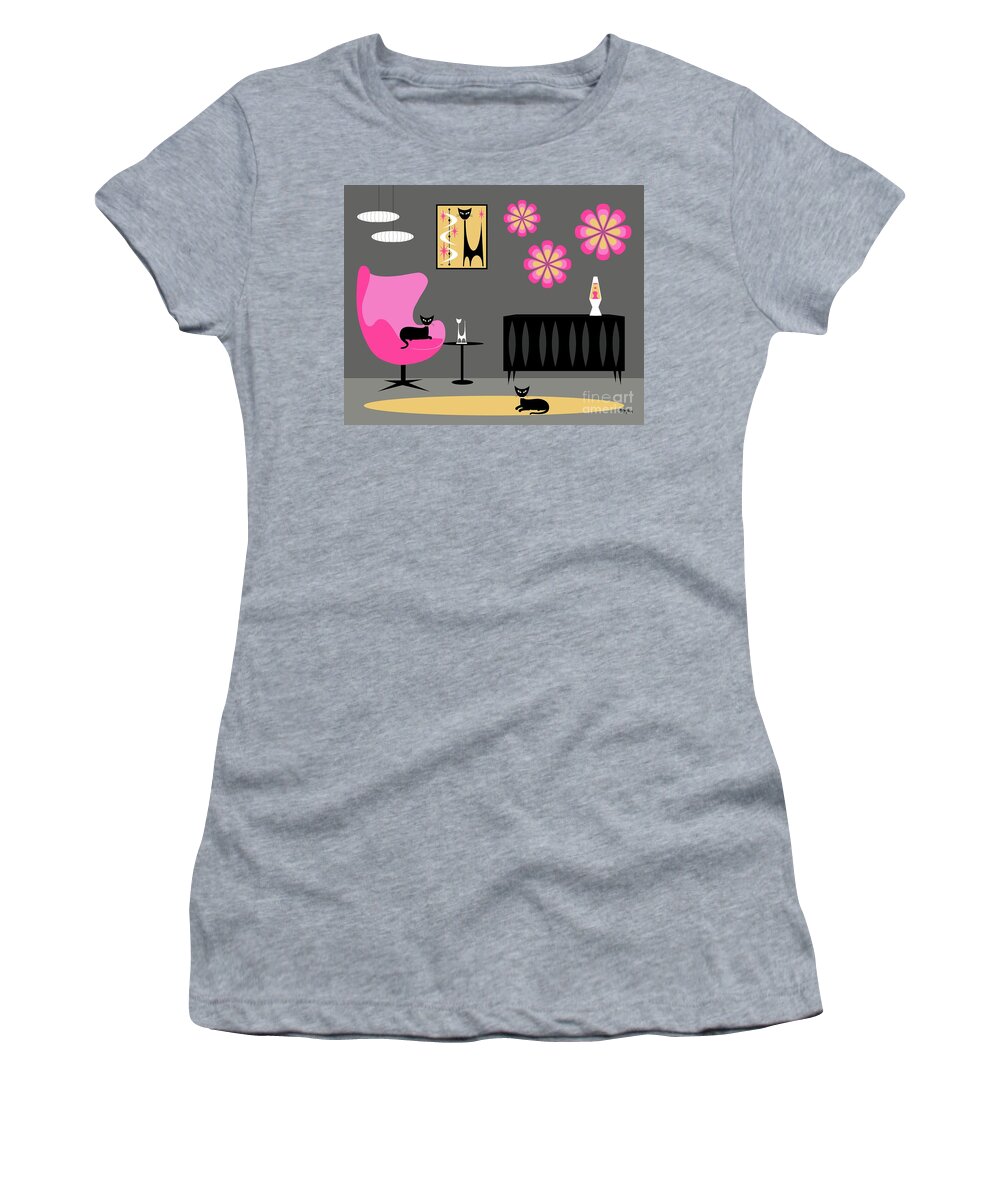 Mid Century Cat Women's T-Shirt featuring the digital art Groovy Pink Yellow and Gray Room by Donna Mibus