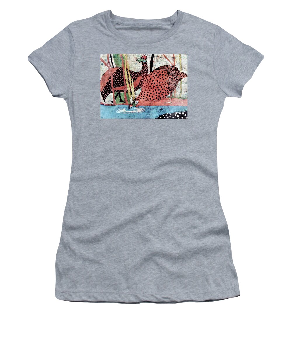 Guinea Fowl Drinking Women's T-Shirt featuring the mixed media Guinea Fowl Drinking by Caroline Street