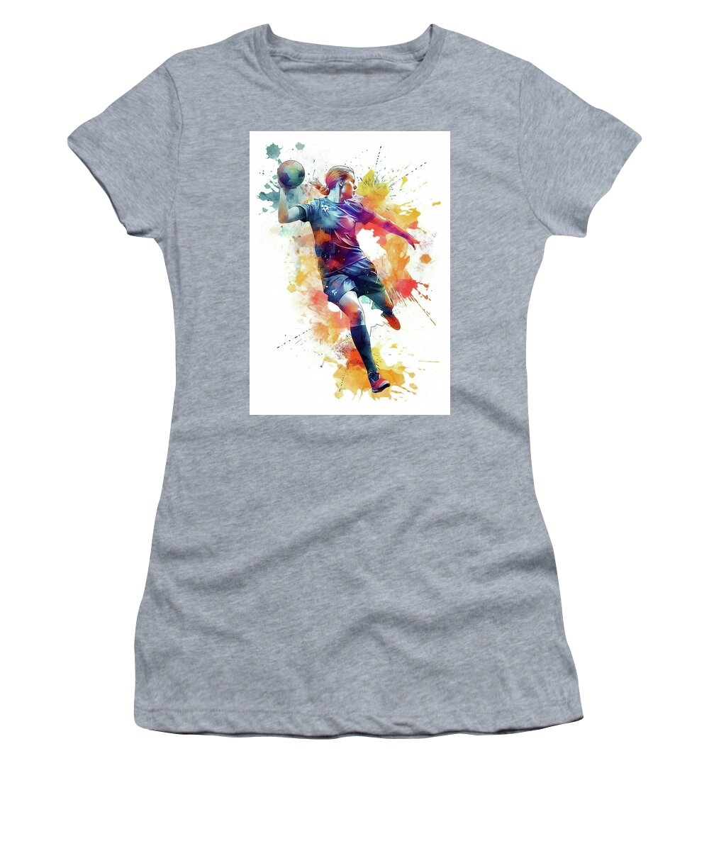 Ai Women's T-Shirt featuring the digital art Handball in action with colorful paint splash. by Odon Czintos