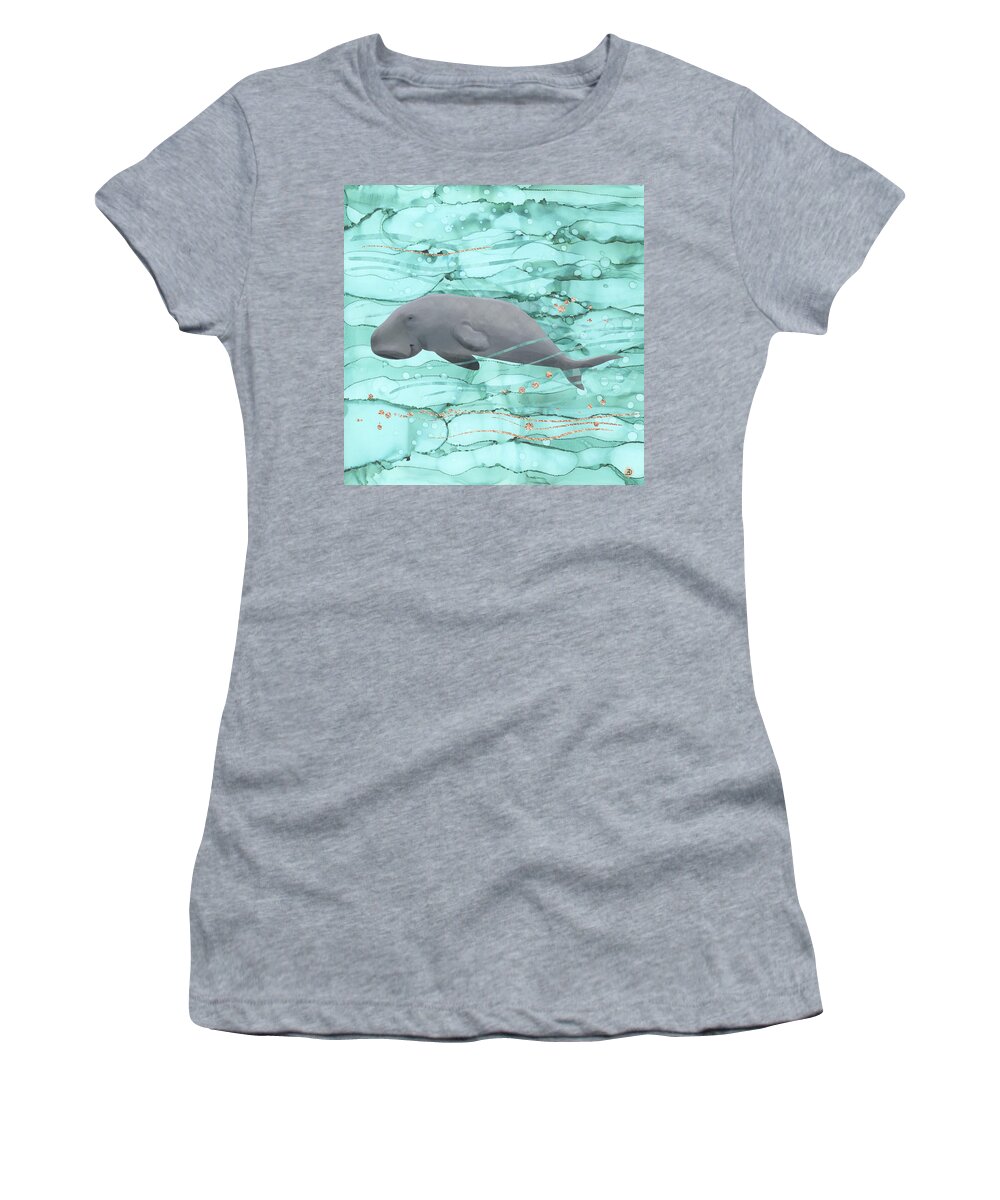 Happy Manatee Women's T-Shirt featuring the digital art Happy Dugong Swimming in Coral Reef Waters by Andreea Dumez