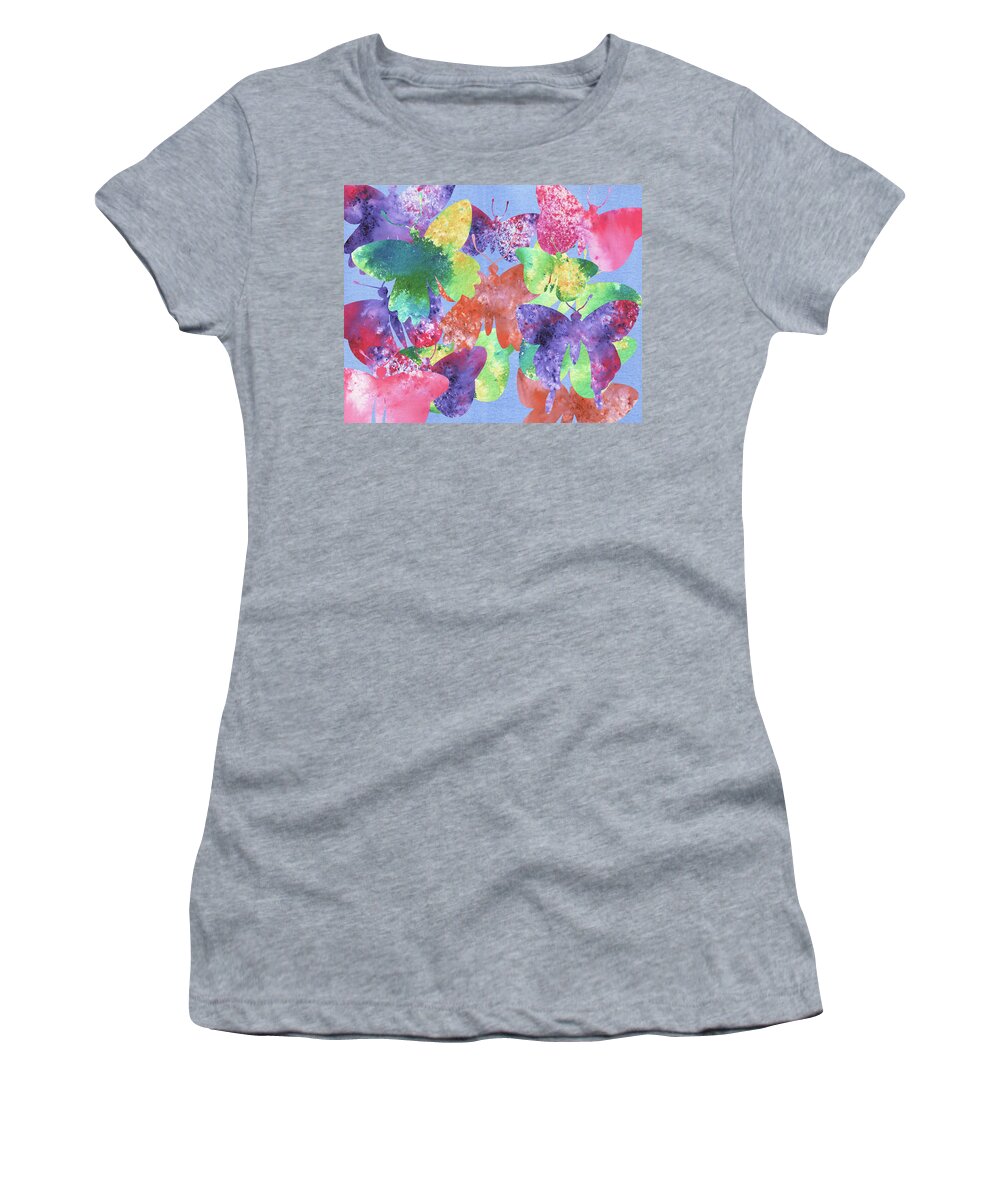 Butterflies Women's T-Shirt featuring the painting Happy Rainbow Watercolor Butterflies Colorful Silhouette Dance Of Wings I by Irina Sztukowski