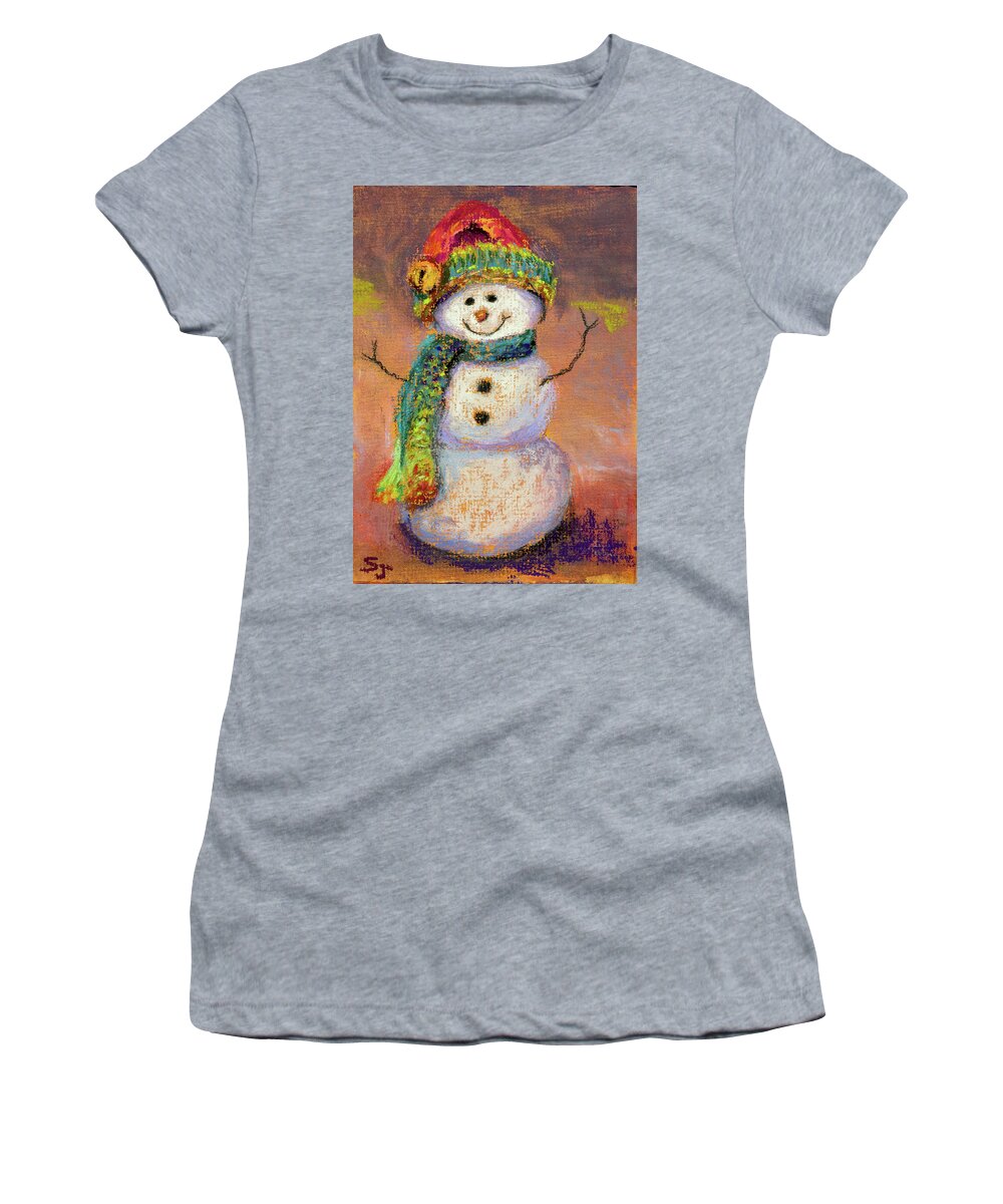 Snowman Women's T-Shirt featuring the pastel Happy Snowman by Susan Jenkins