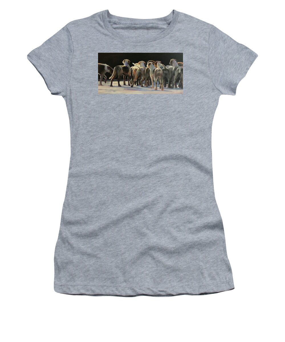Hounds Women's T-Shirt featuring the painting Happy Tails Waggin Train by Susan Bradbury