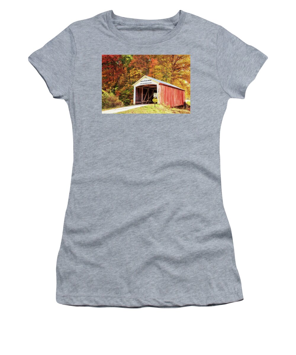Parke County Women's T-Shirt featuring the photograph Harry Evans Covered Bridge in Autumn by Susan Rissi Tregoning