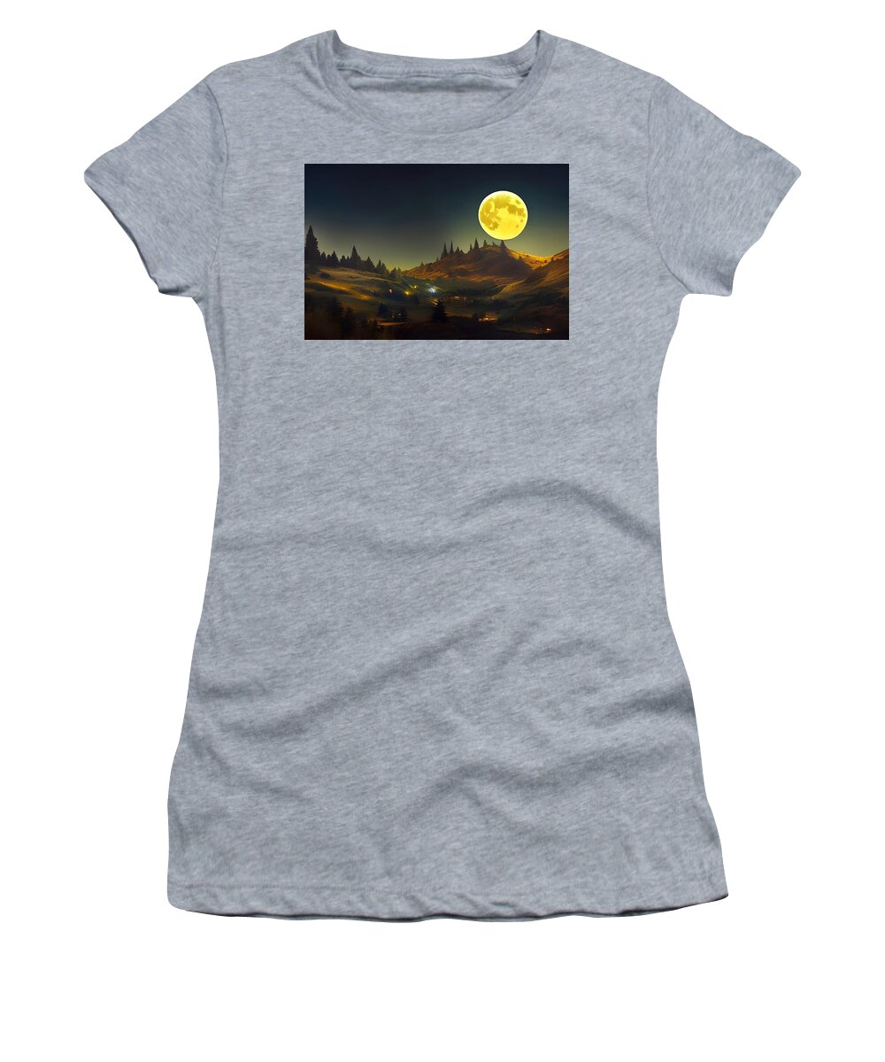 Digital Women's T-Shirt featuring the digital art Harvest Moon Over Farm by Beverly Read