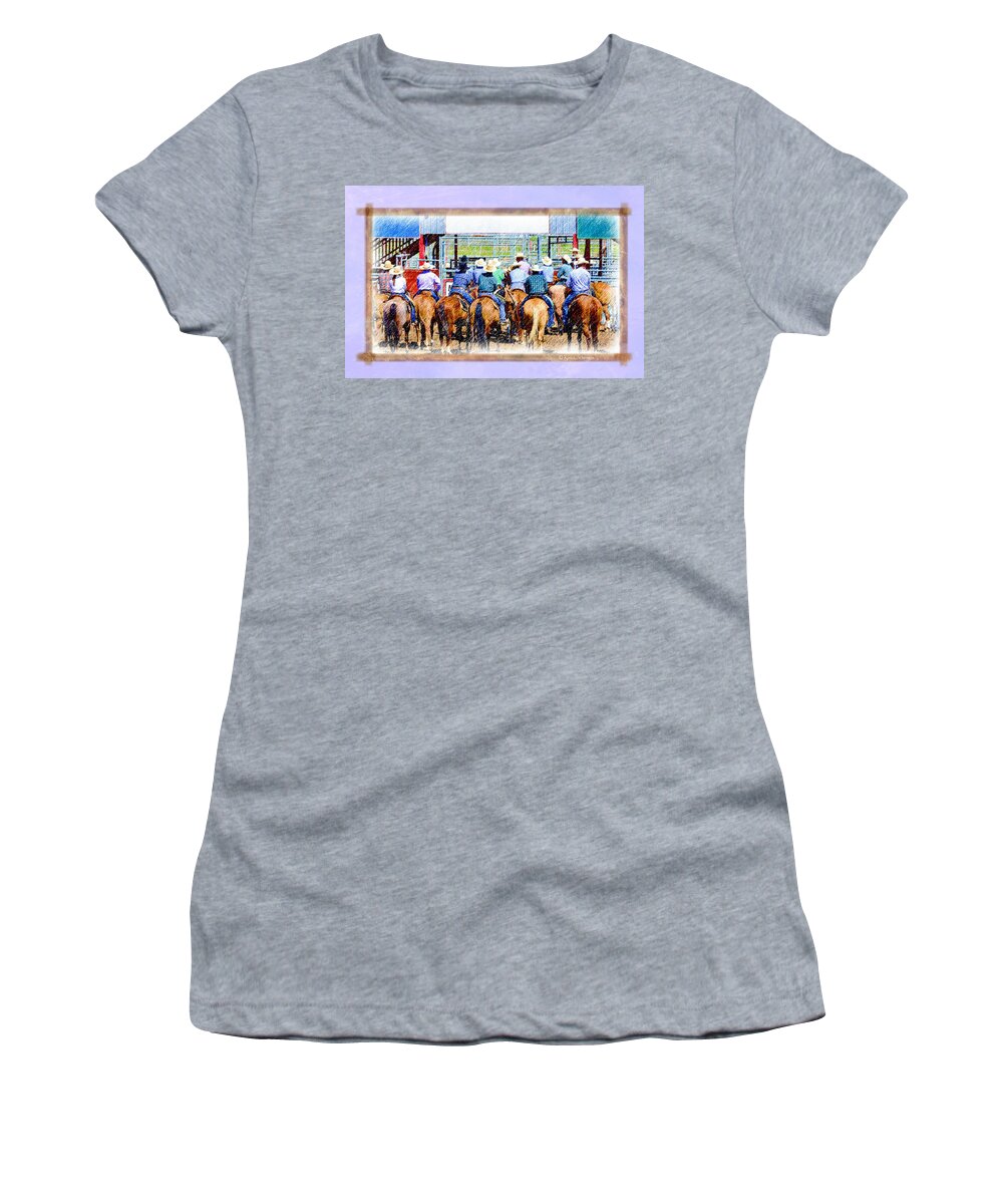 Horses Women's T-Shirt featuring the mixed media Hats and Rumps Listen Up by Kae Cheatham