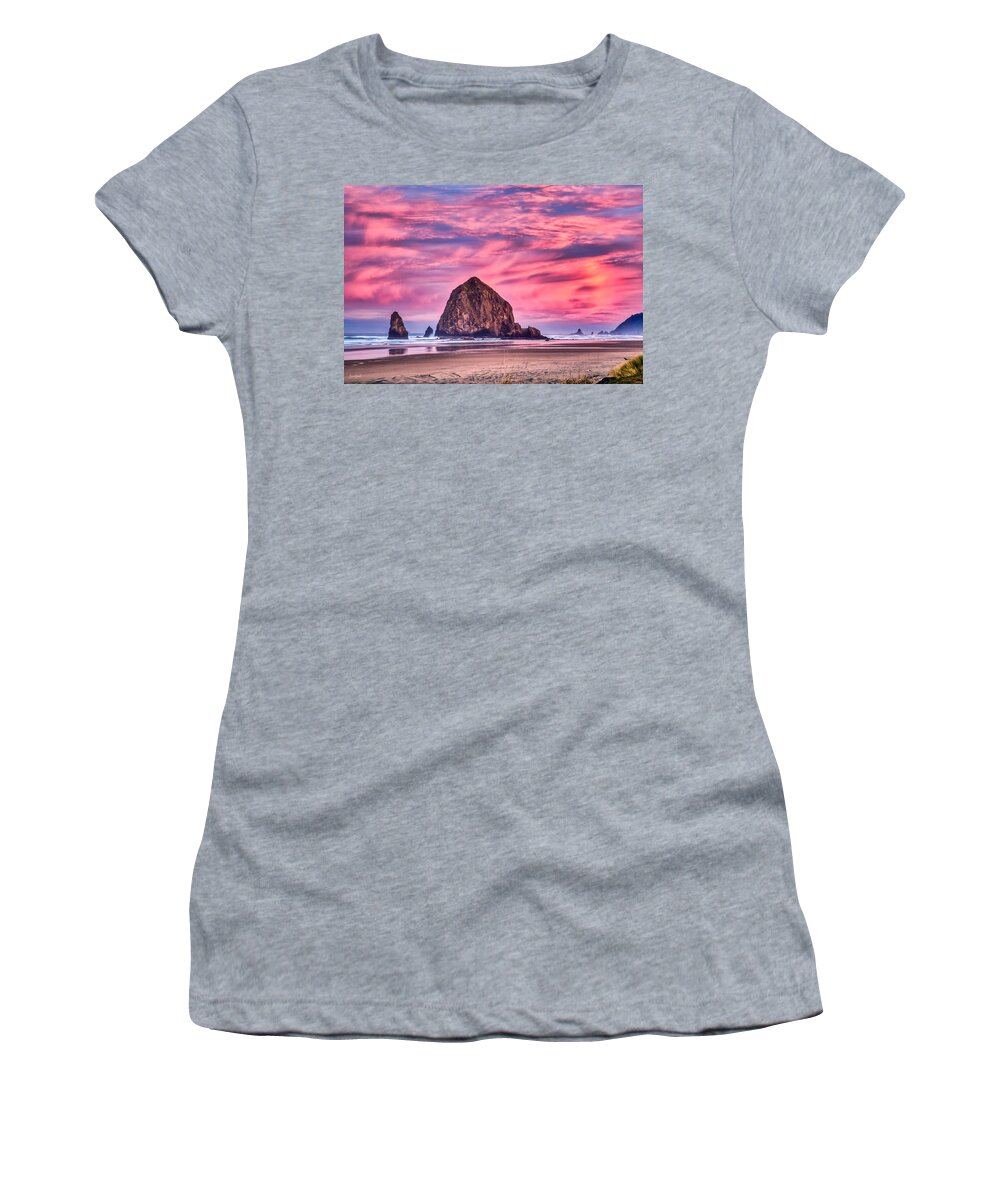  Haystack Rock Women's T-Shirt featuring the photograph Haystack Rock- first light by Bruce Block
