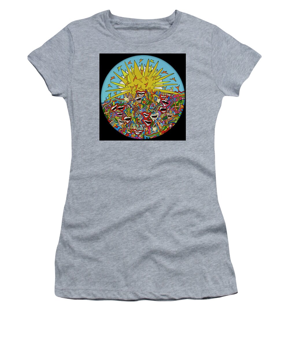 Sunshine Happy Faces Summer Women's T-Shirt featuring the painting Hello Sunshine by Mike Stanko