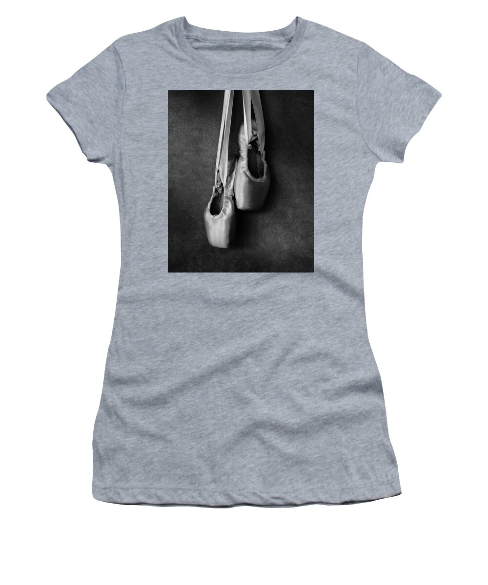 Dance Women's T-Shirt featuring the photograph Her Pointe Shoes bw by Laura Fasulo
