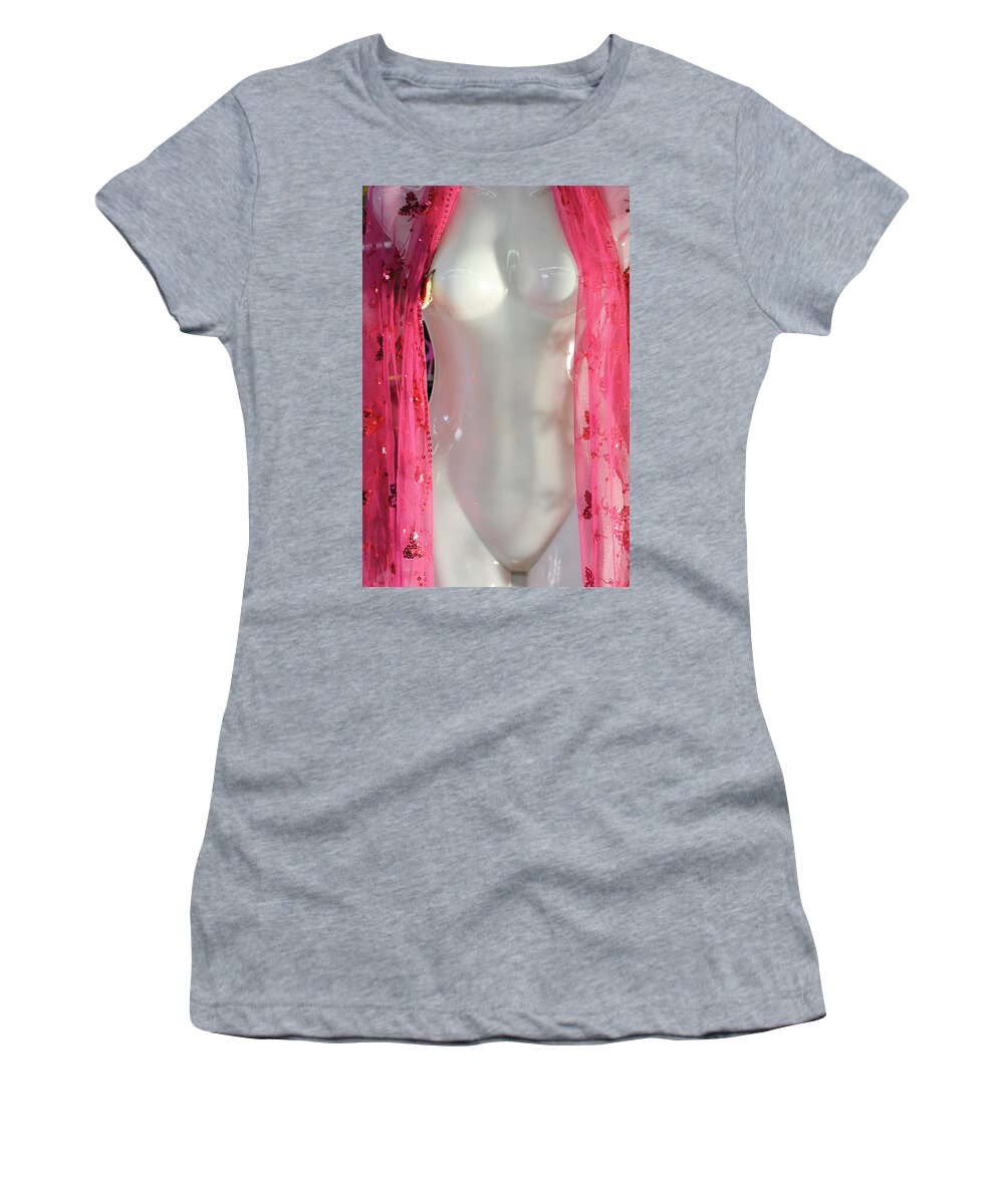 Mannequin Women's T-Shirt featuring the photograph Her Skin was White and Her Scarf was Red by Mary Lee Dereske