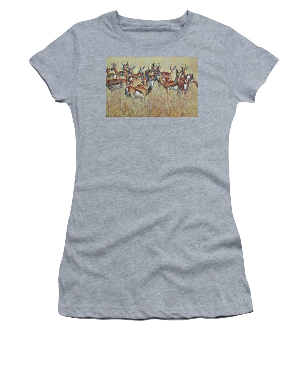 Springbok Women's T-Shirt featuring the painting Herd of Springbok by John Neeve