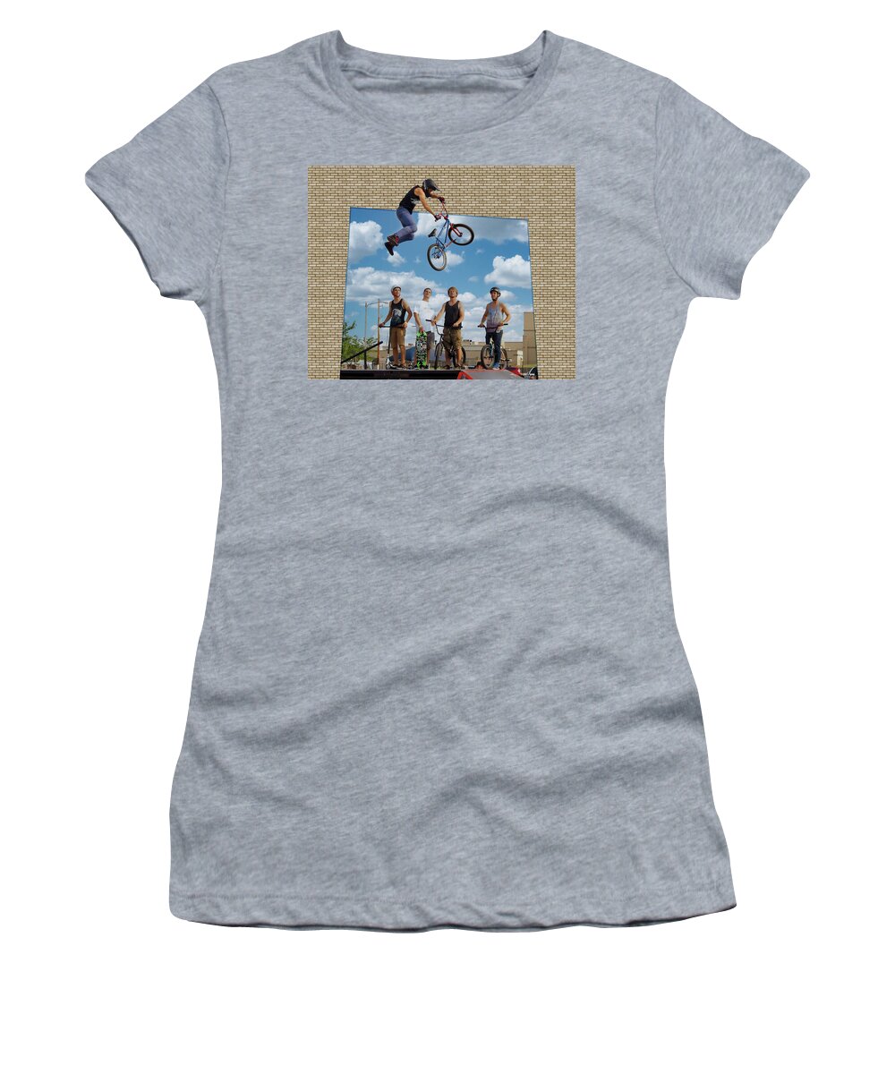 Bikes Women's T-Shirt featuring the photograph High Flying Out Of Frame by Scott Olsen