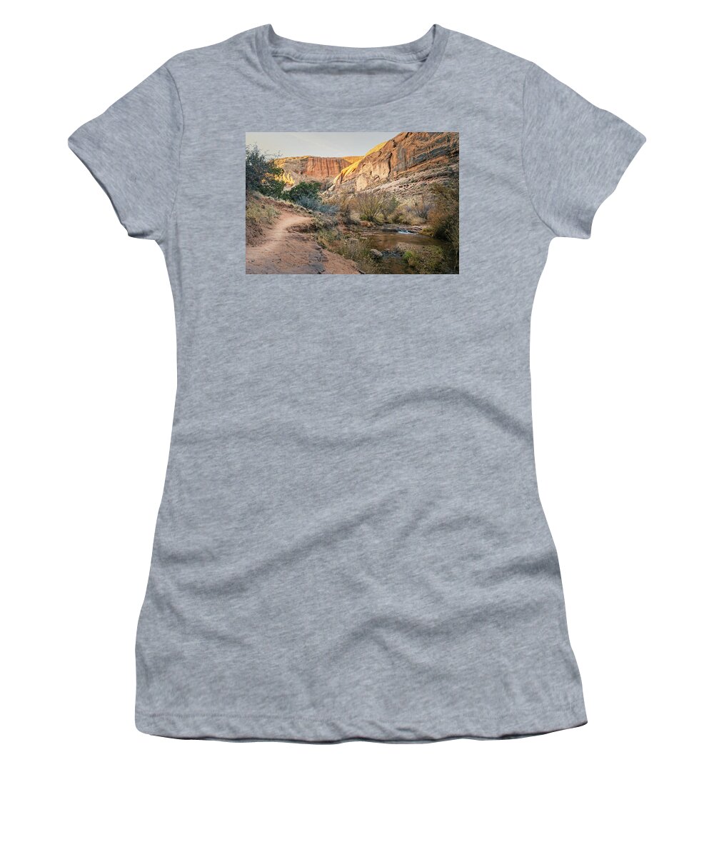 Hiking Women's T-Shirt featuring the photograph Hike to Morning Glory Arch Moab Utah by Joan Carroll