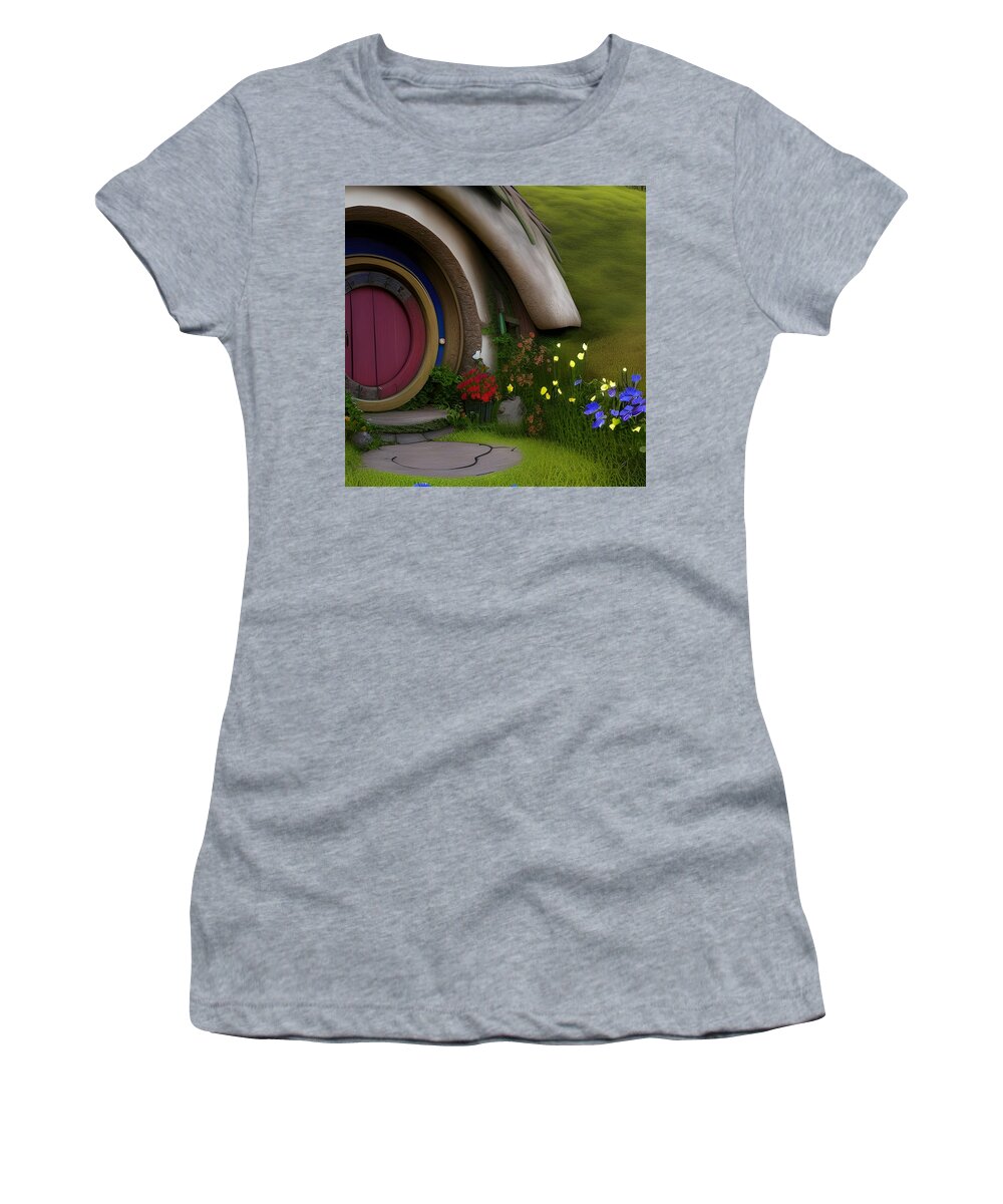 Hobbit Women's T-Shirt featuring the digital art Hillside Hobbit Home by Angela Hobbs aka Digital Art Cafe