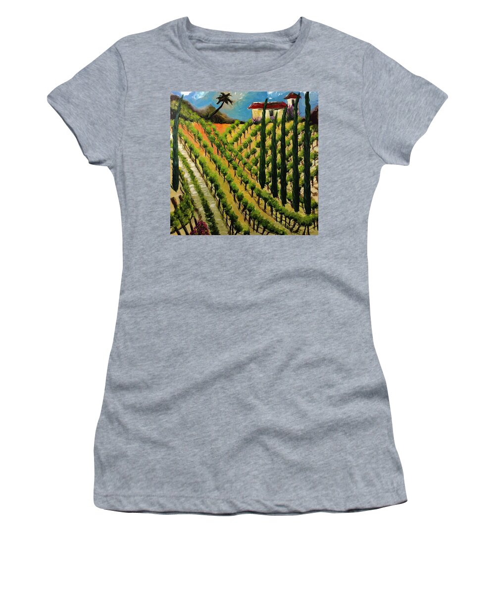 Temecula Women's T-Shirt featuring the painting Hillside Vines Temecula by Roxy Rich