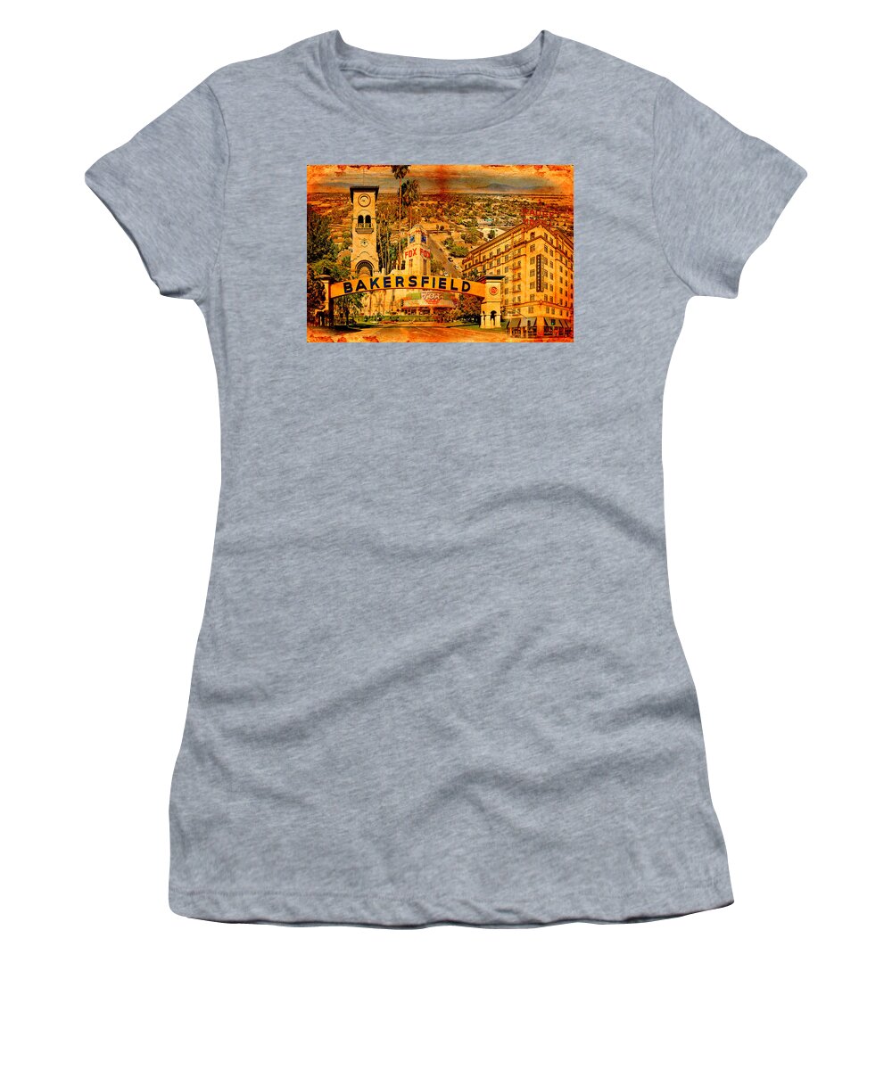 Bakersfield Women's T-Shirt featuring the digital art Historical buildings of Bakersfield, California, blended on old paper by Nicko Prints