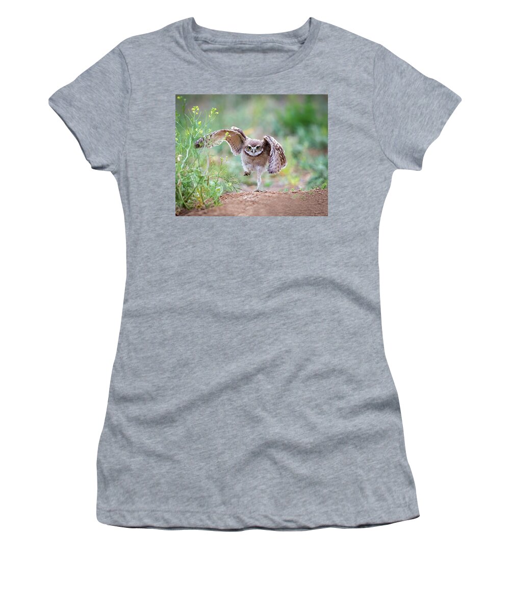 Burrowing Owl Women's T-Shirt featuring the photograph Hold on, I'm comin' by Judi Dressler