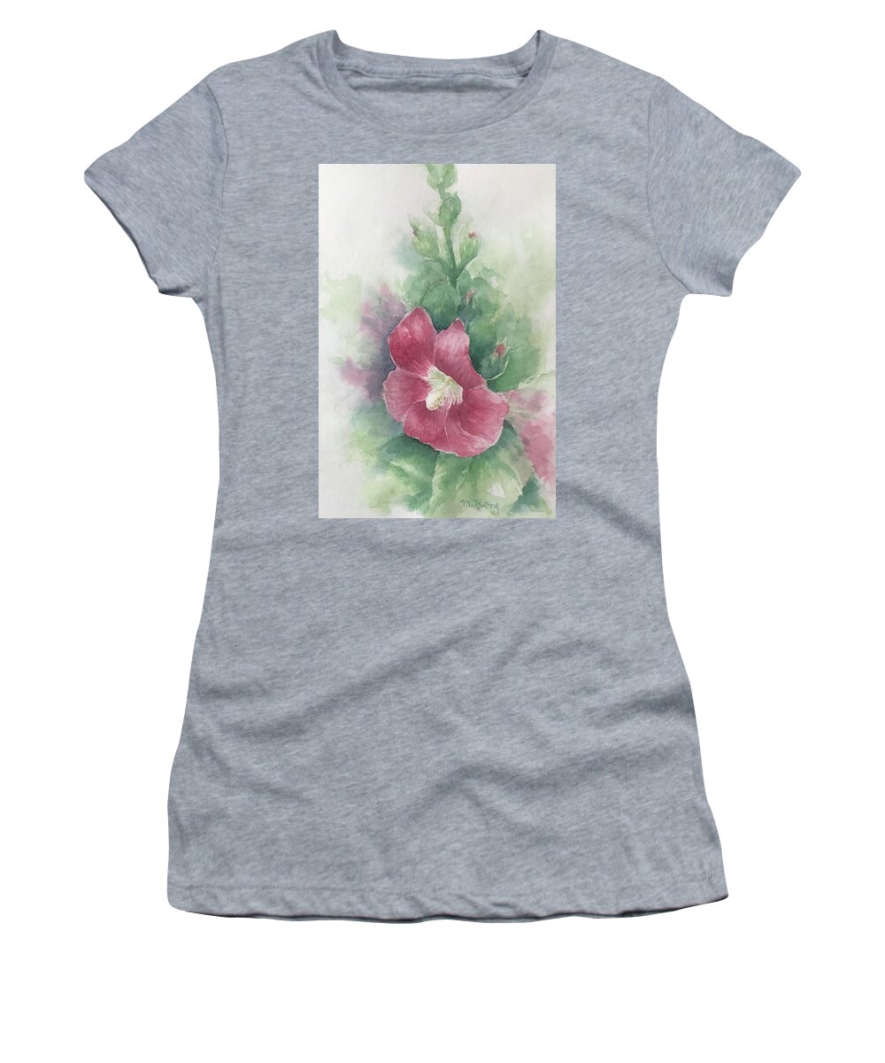 Hollyhocks Women's T-Shirt featuring the painting Hollyhocks by Milly Tseng